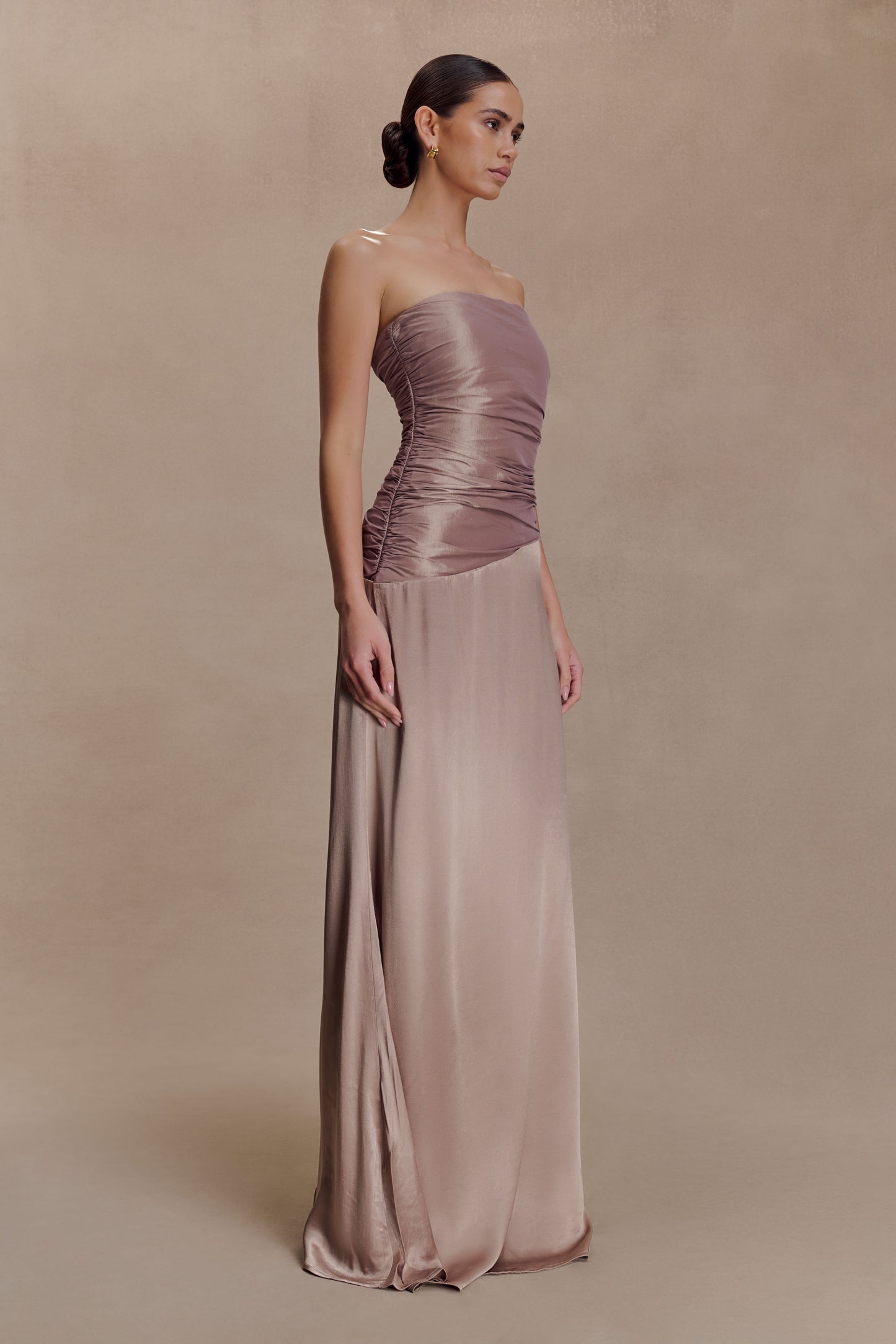 Serena Strapless Taffeta Maxi Dress - Bronze Taupe