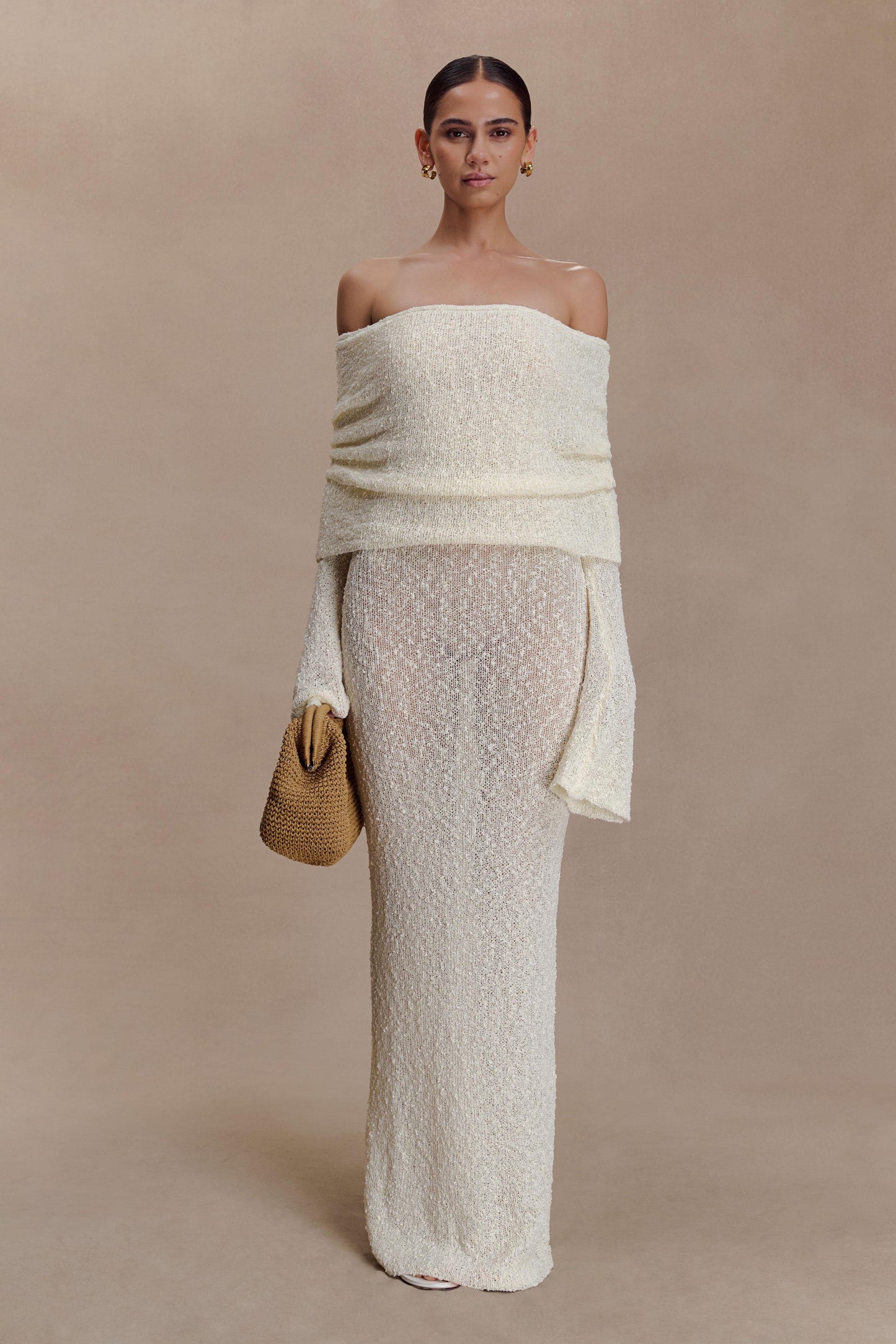 Marisol Off Shoulder Boucle Maxi Dress - Ivory