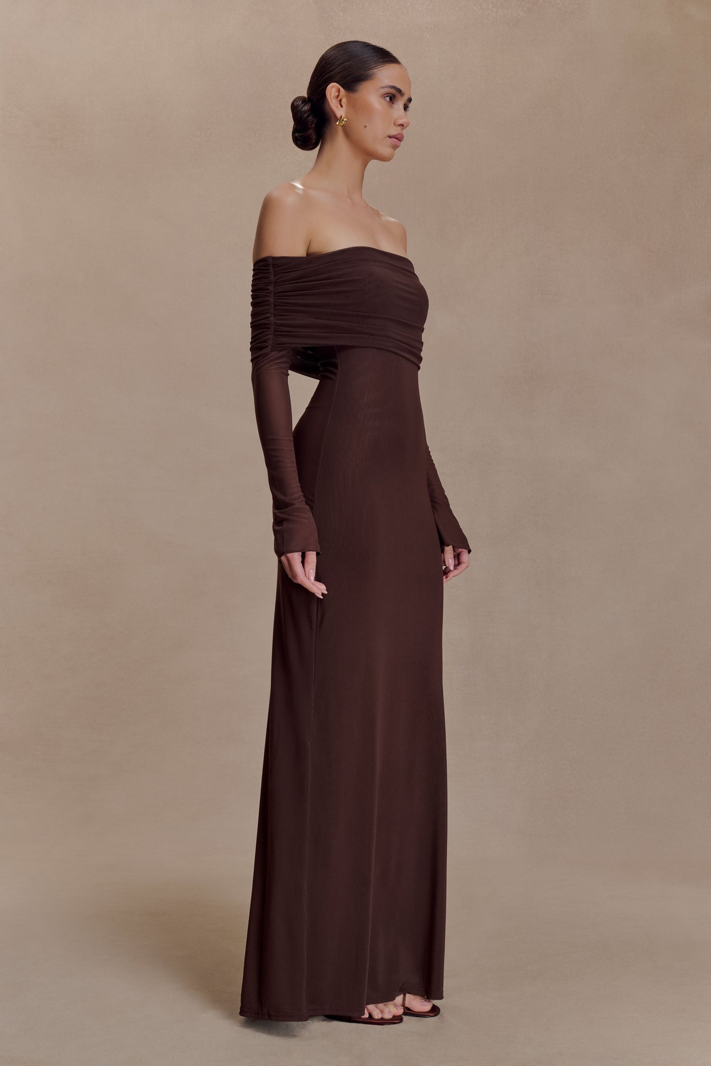 Josie Off Shoulder Mesh Maxi Dress - Dark Brown