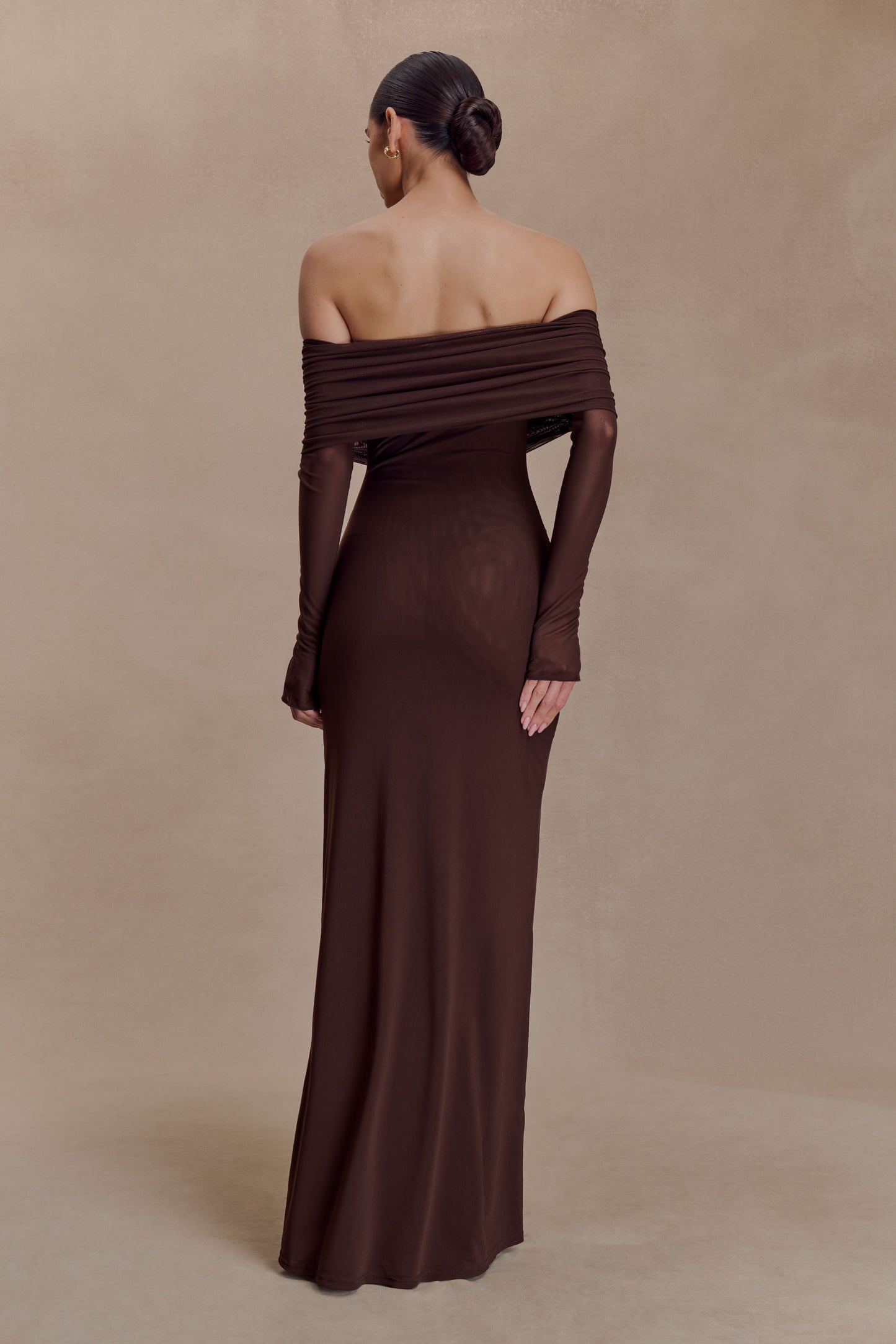 Josie Off Shoulder Mesh Maxi Dress - Dark Brown