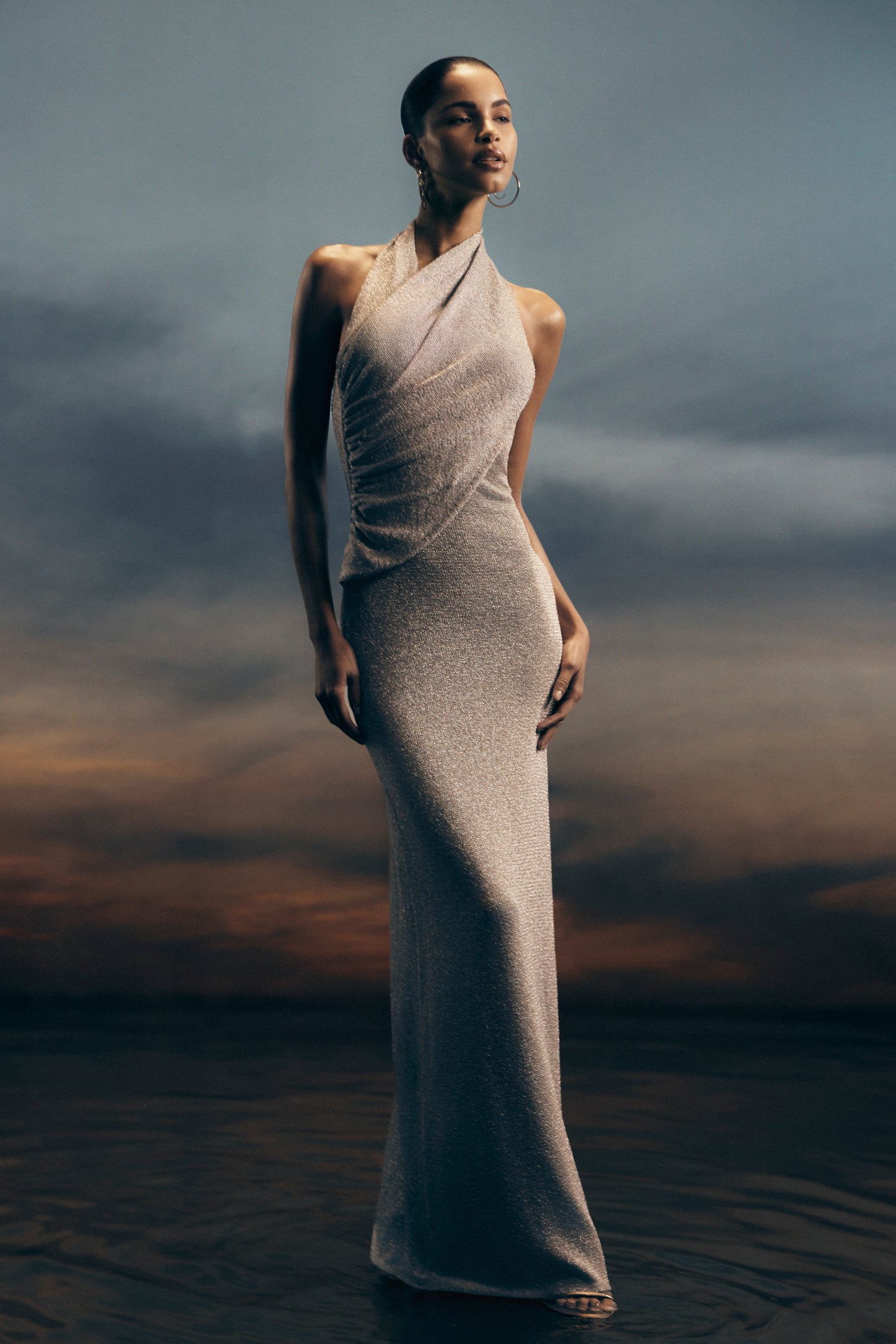 Elma Lurex Knit Halter Maxi Dress - Silver