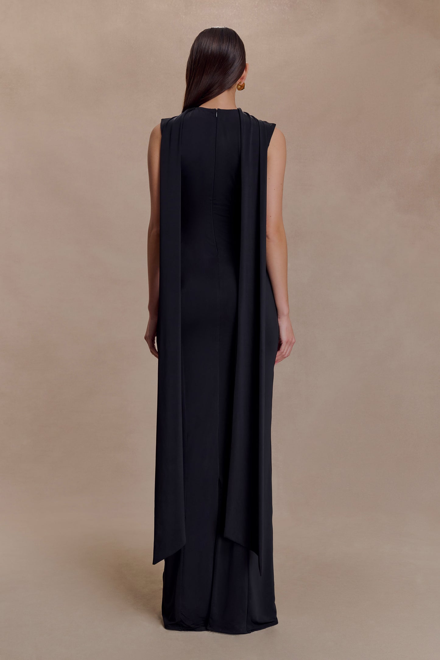 Wisteria Slinky Maxi Dress With Scarf - Black