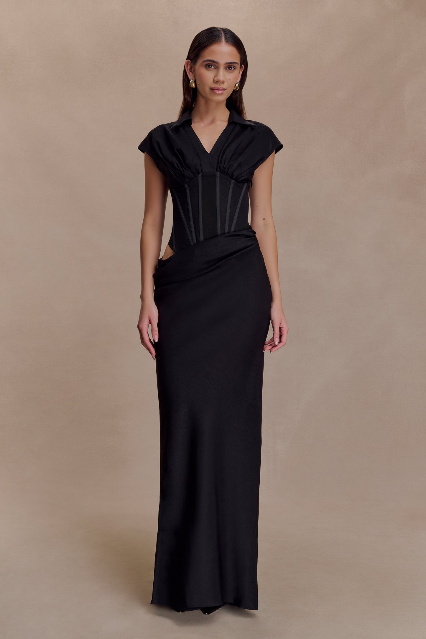 Saphira Shirt Corset Maxi Dress - Black