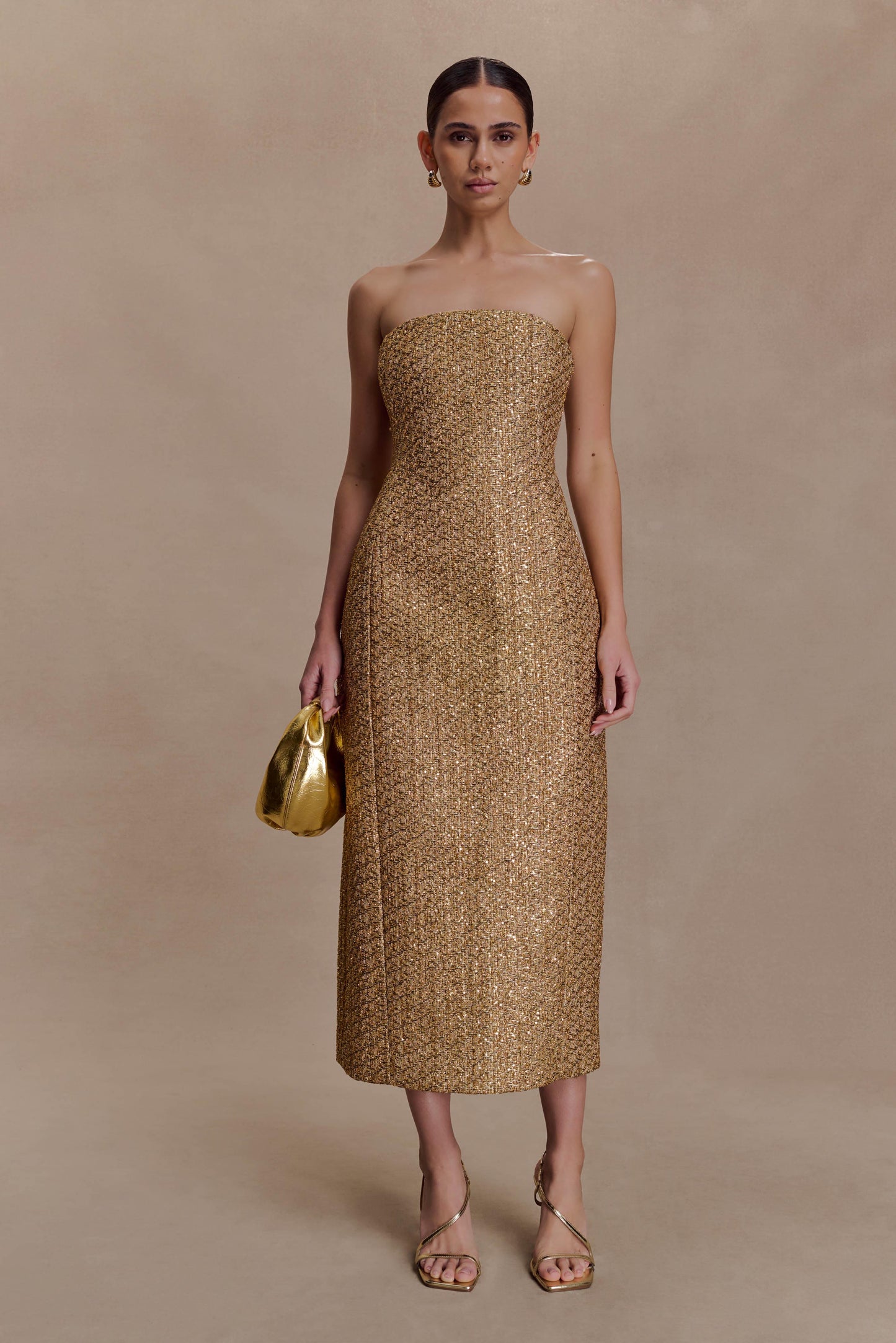 Gala Strapless Tweed Midi Dress - Gold