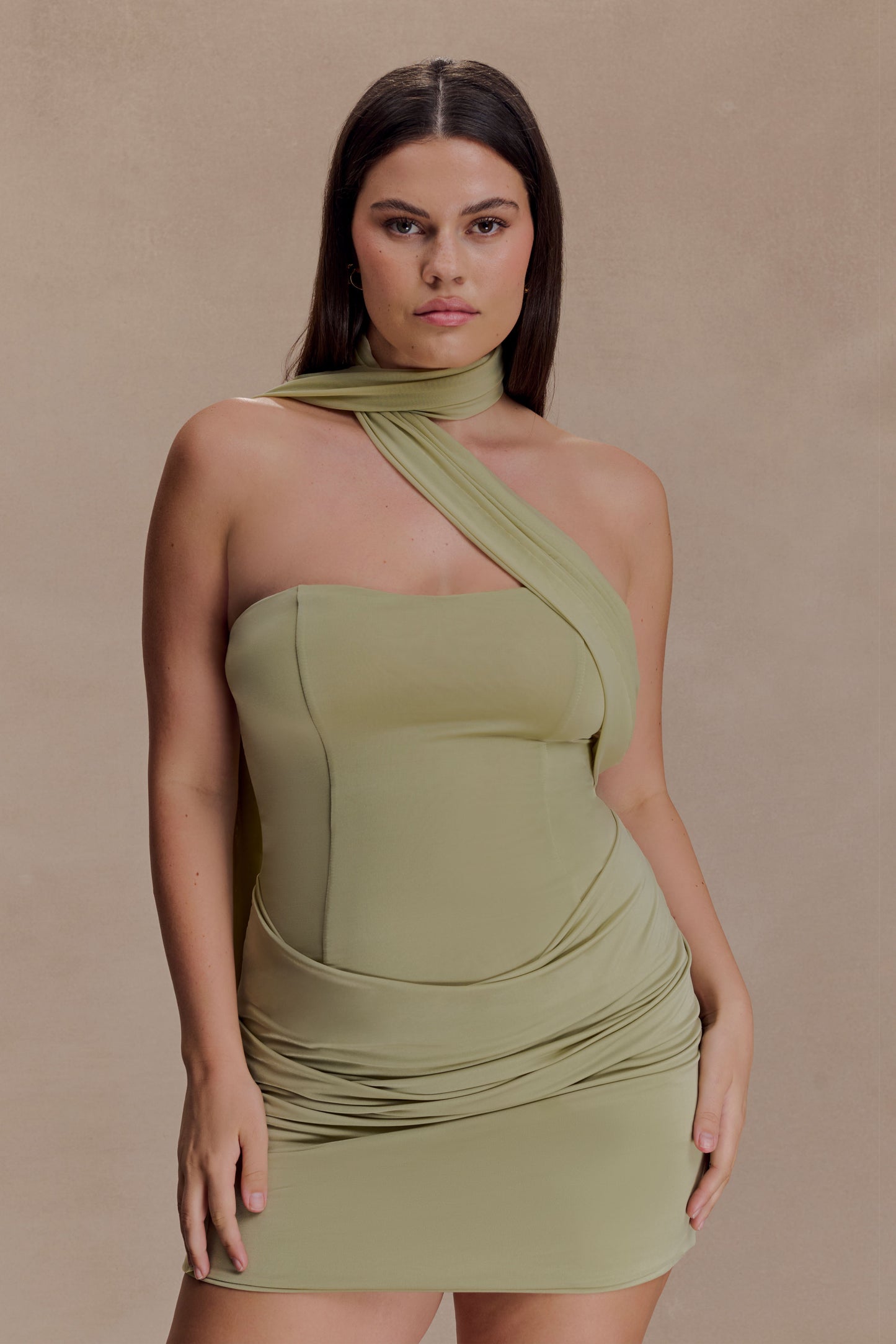 Mattea Slinky And Mesh Mini Dress With Scarf - Sage