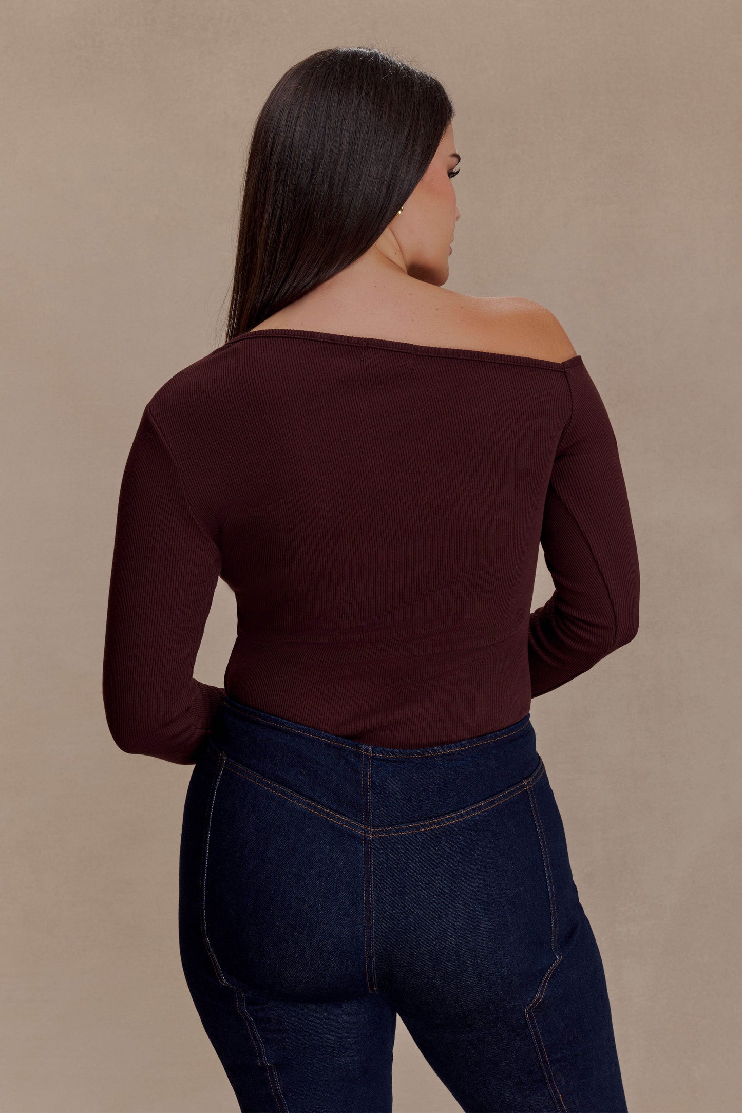 Maelle Off Shoulder Long Sleeve Top - Deep Chocolate