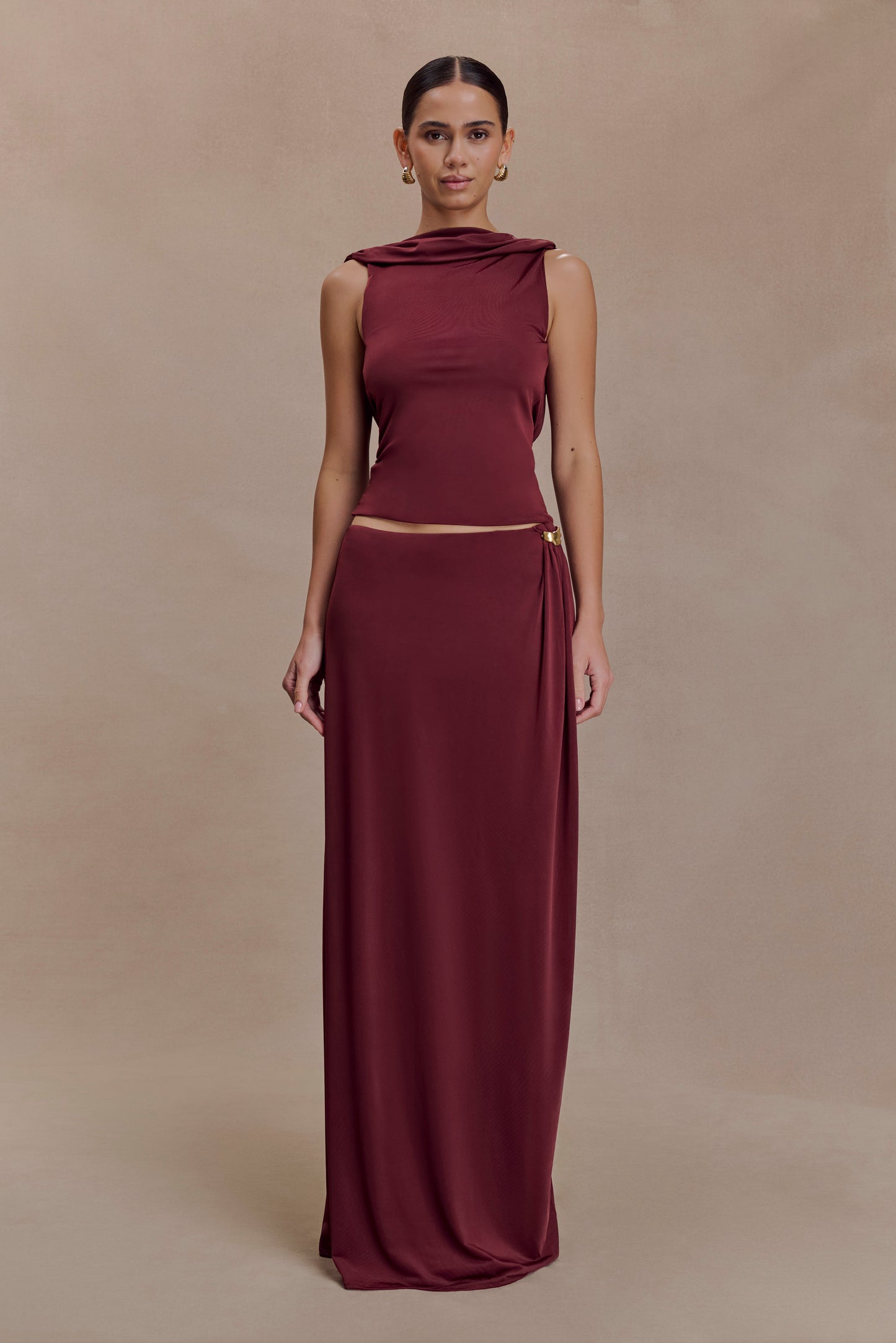 Bridget Slinky Maxi Skirt With Hardware - Burgundy
