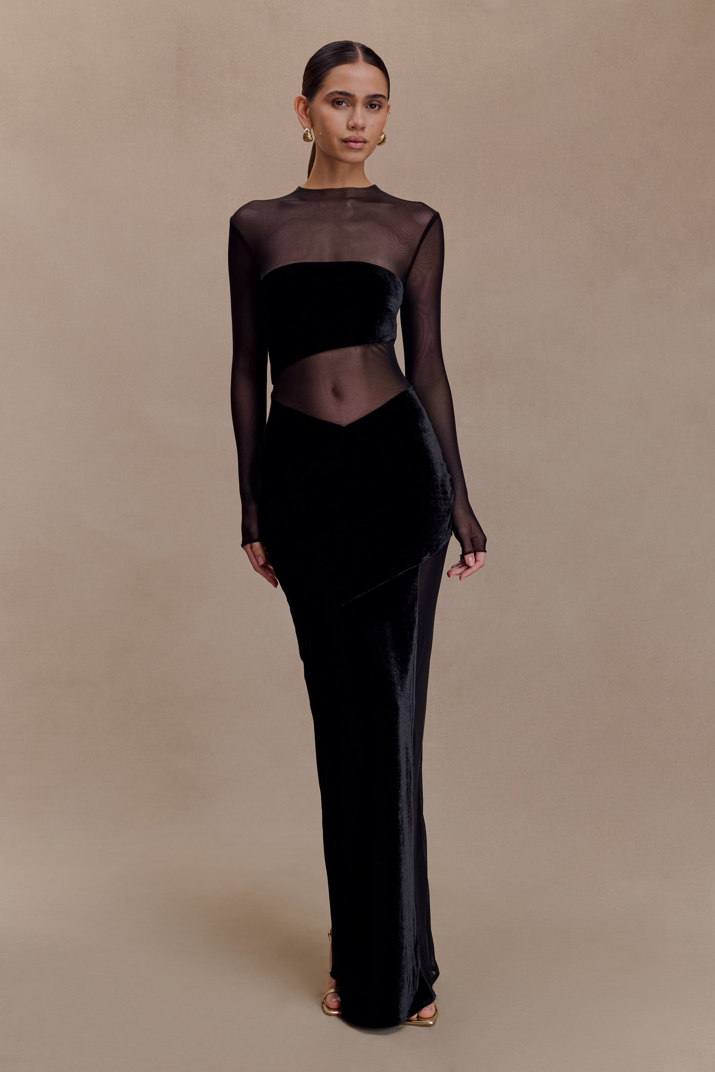 Davina Velvet And Mesh Maxi Dress - Black