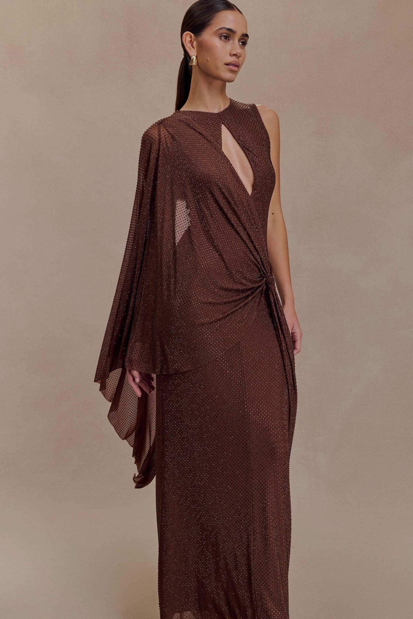 Bakari Diamante Cape Maxi Dress - Chocolate