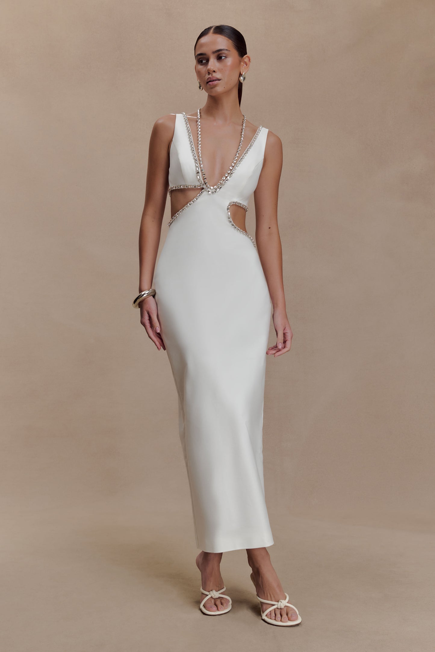 Henny Diamante Trim Cut Out Midi Dress - White