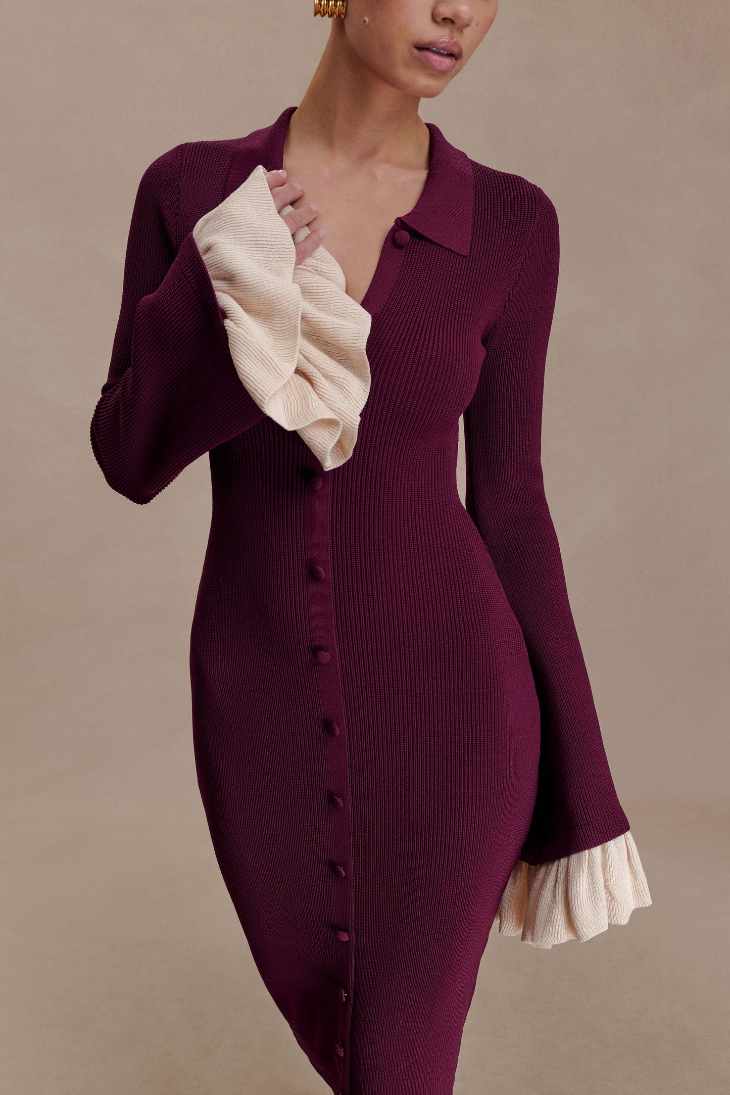 Amirose Ruffle Knit Midi Dress - Plum