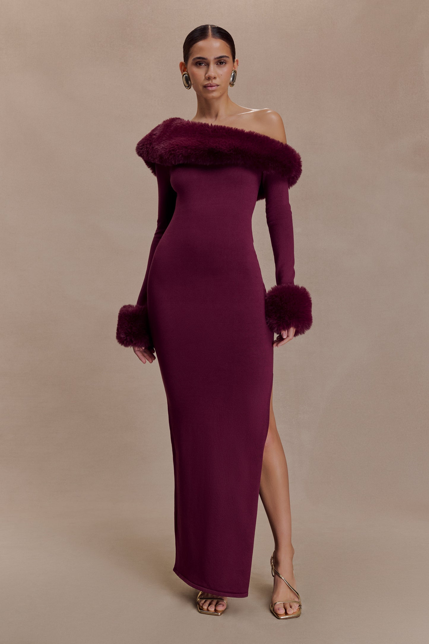 Karleigh Faux Fur Knit Maxi Dress - Plum