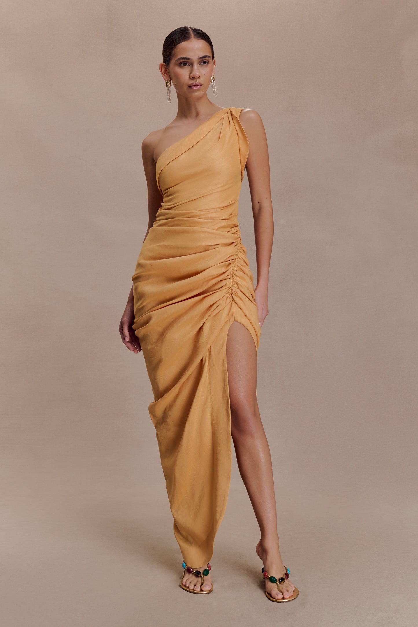 Birgit Linen Midi Dress With Hardware - Deep Peach