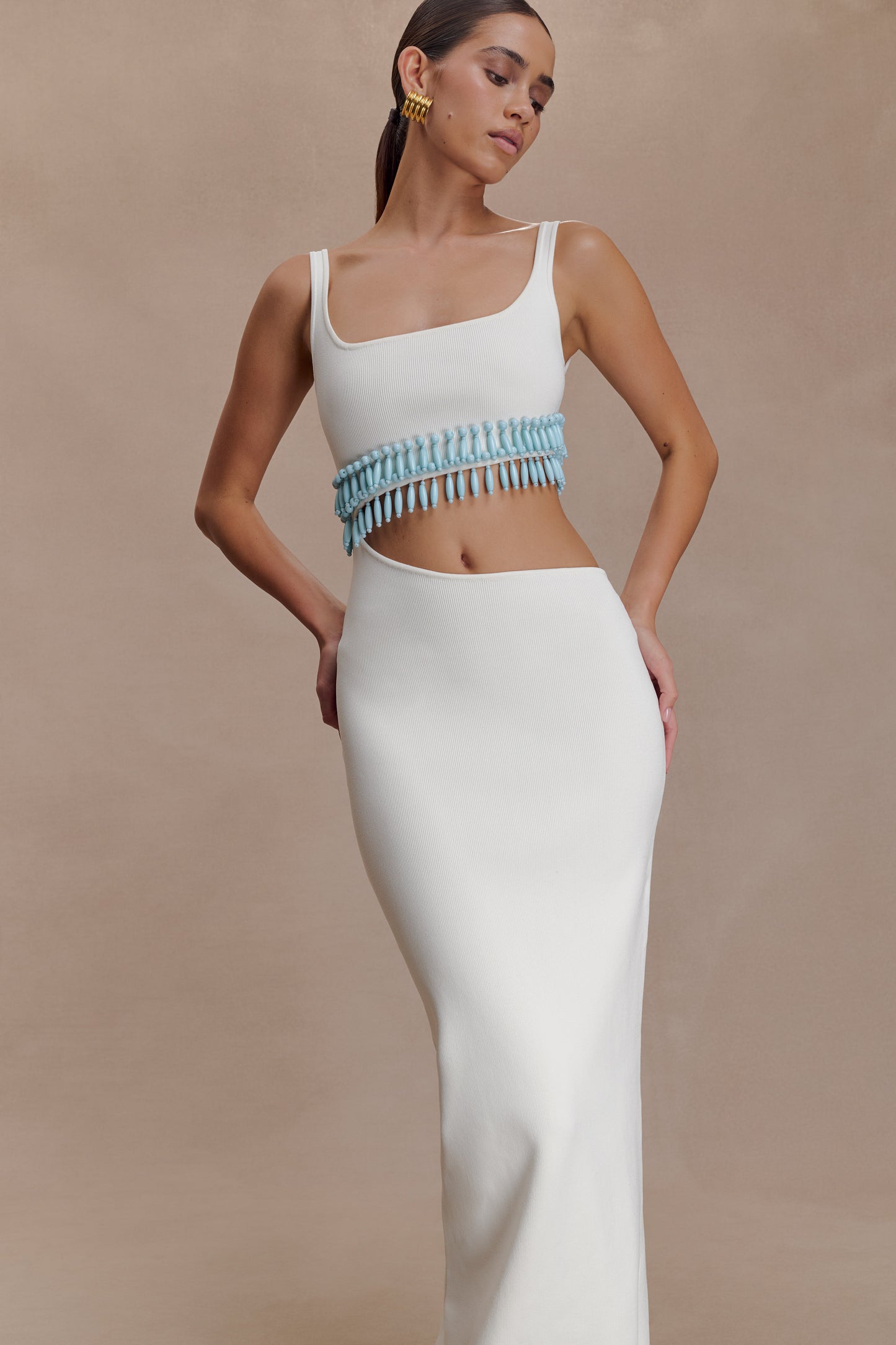 Ruvic Knit Maxi Beaded Dress - White