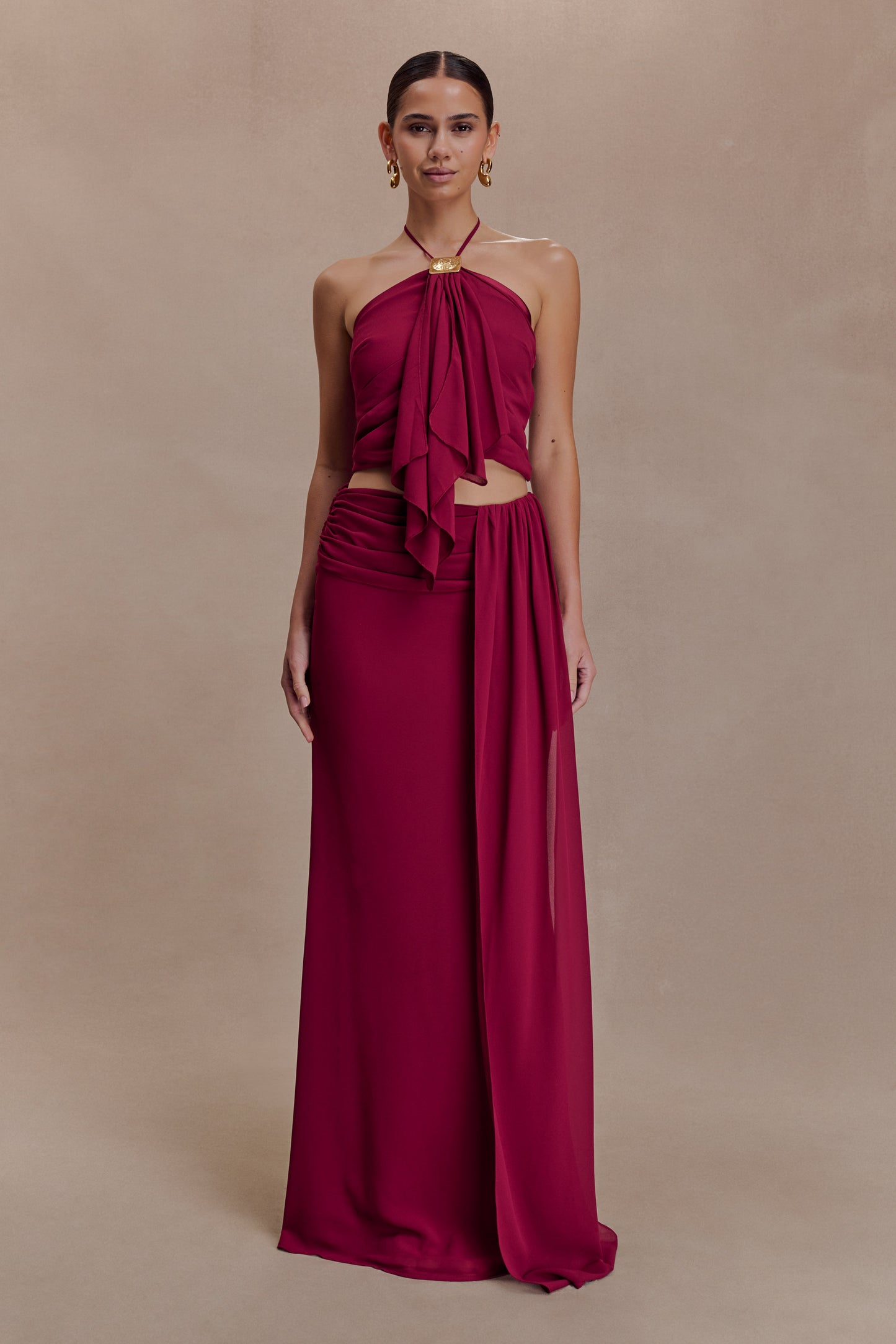 Celina Chiffon Halter Top With Hardware - Cherry Red