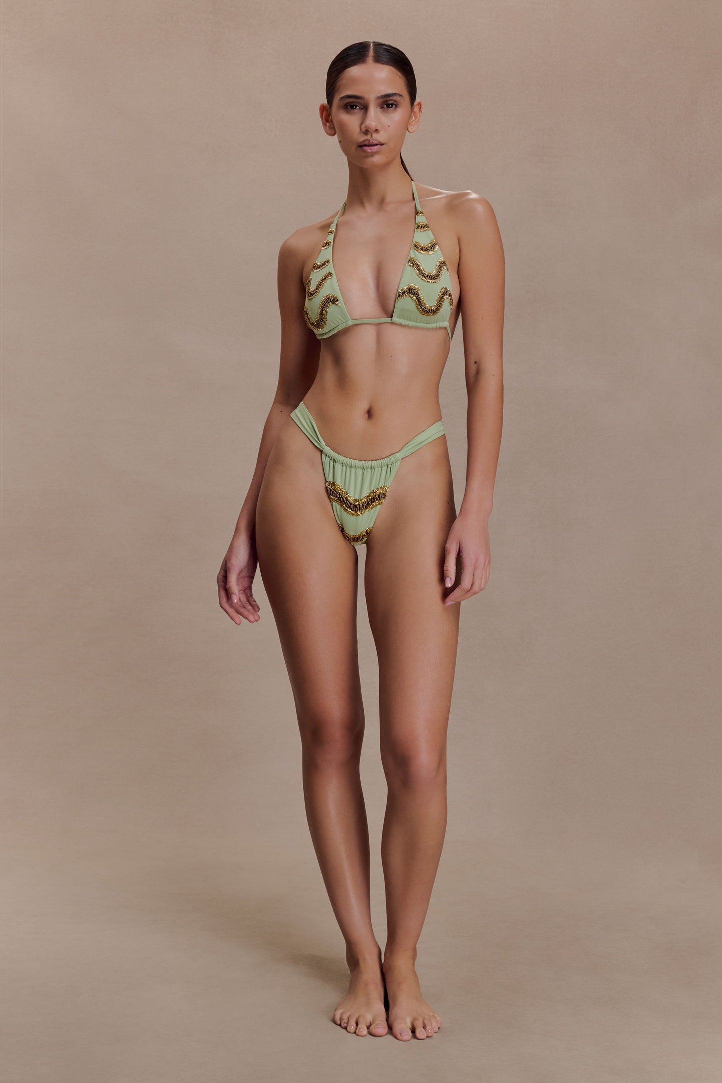 Robyn Beaded Triangle Bikini Top - Sage