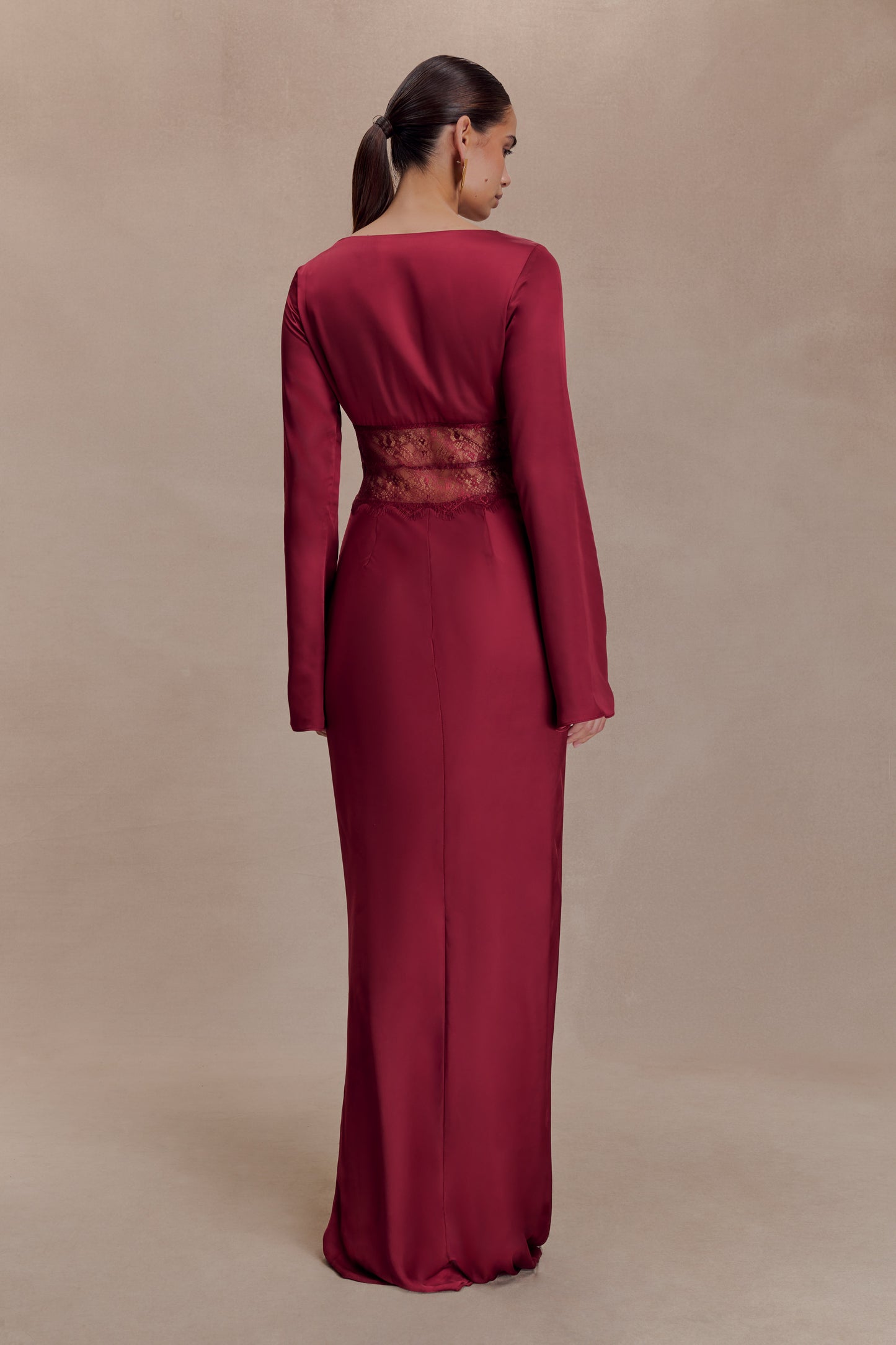 Kaya Long Sleeve Satin And Mesh Maxi Dress - Wine