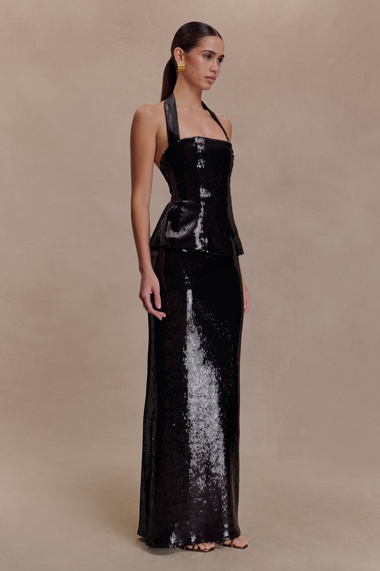 Bertie Sequin Peplum Halter Maxi Dress - Black