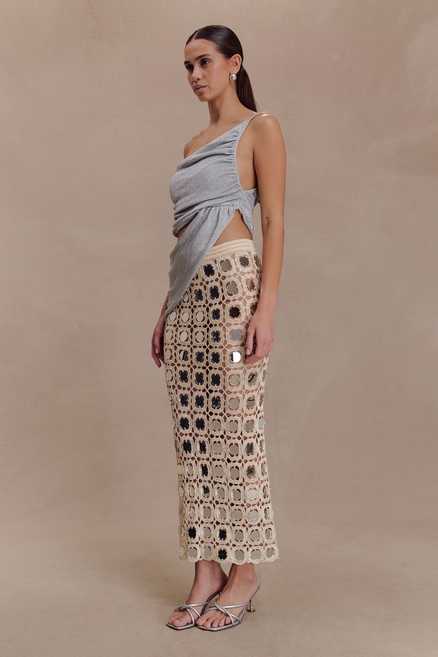 Noel Mirror Knit Midi Skirt - Beige