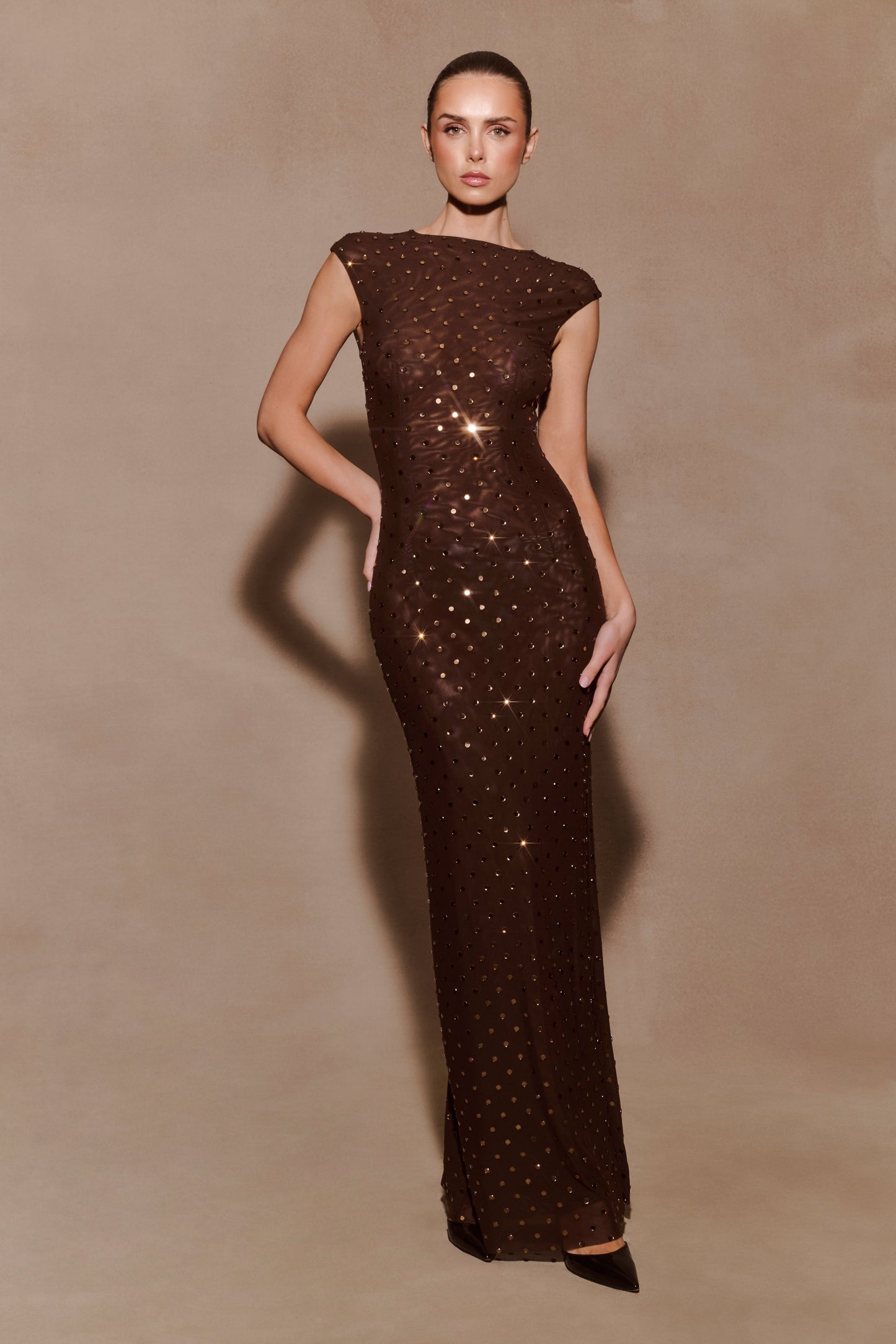 Samara Sleeveless Diamante Maxi Dress - Chocolate