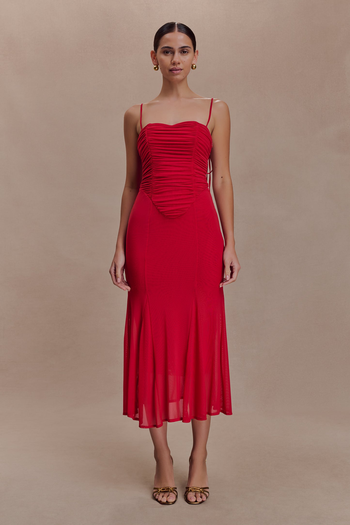 Willa Gathered Mesh Midi Dress - Ruby Red