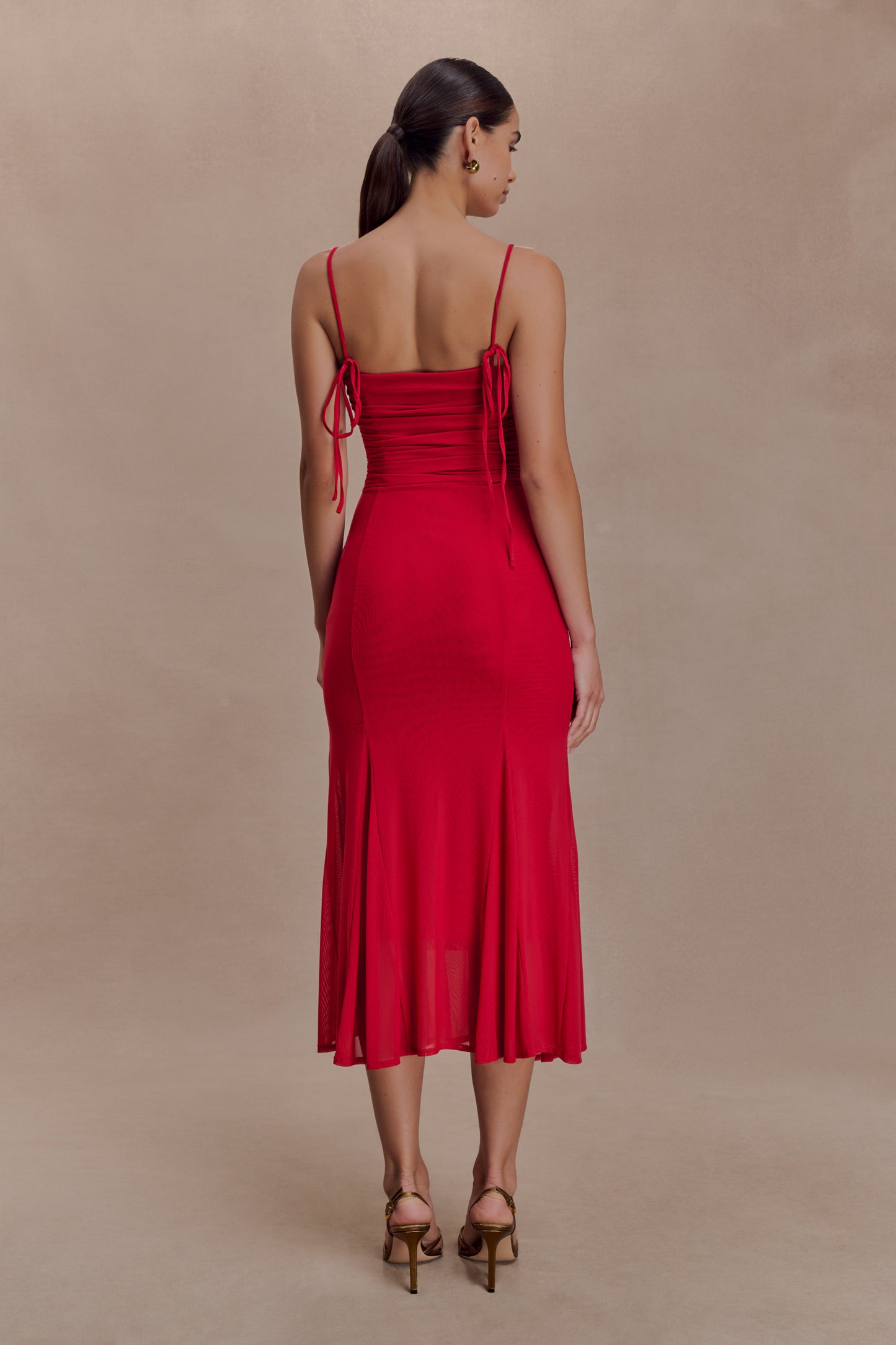 Willa Gathered Mesh Midi Dress - Ruby Red