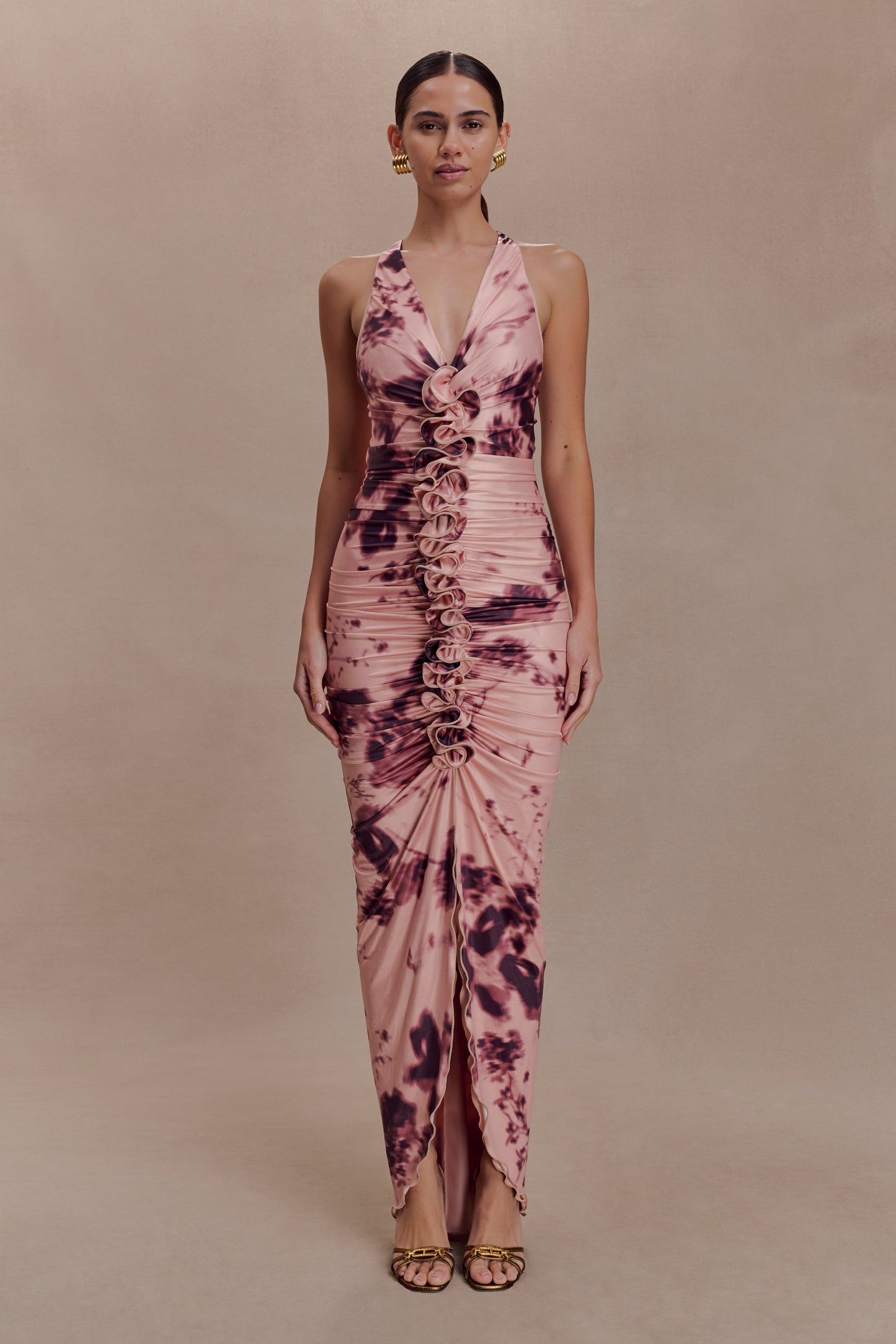 Alessandra Slinky Ruffle Maxi Dress - Pink Blurred Floral Print