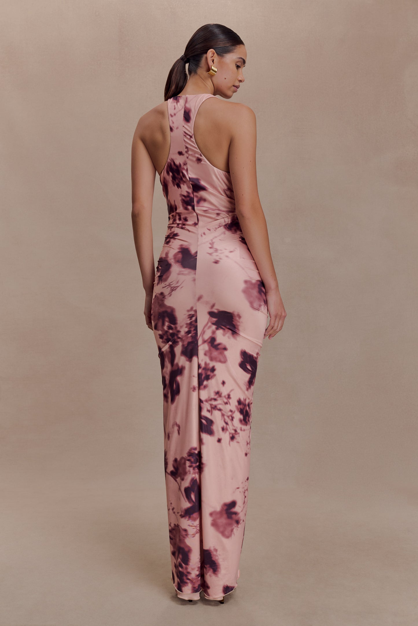 Alessandra Slinky Ruffle Maxi Dress - Pink Blurred Floral Print