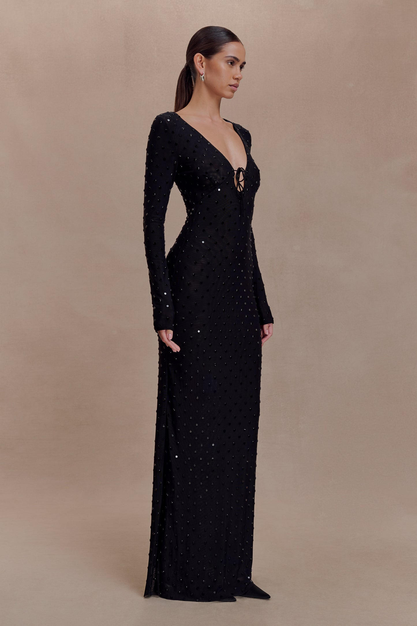 Acadia Diamante Long Sleeve Maxi Dress - Black