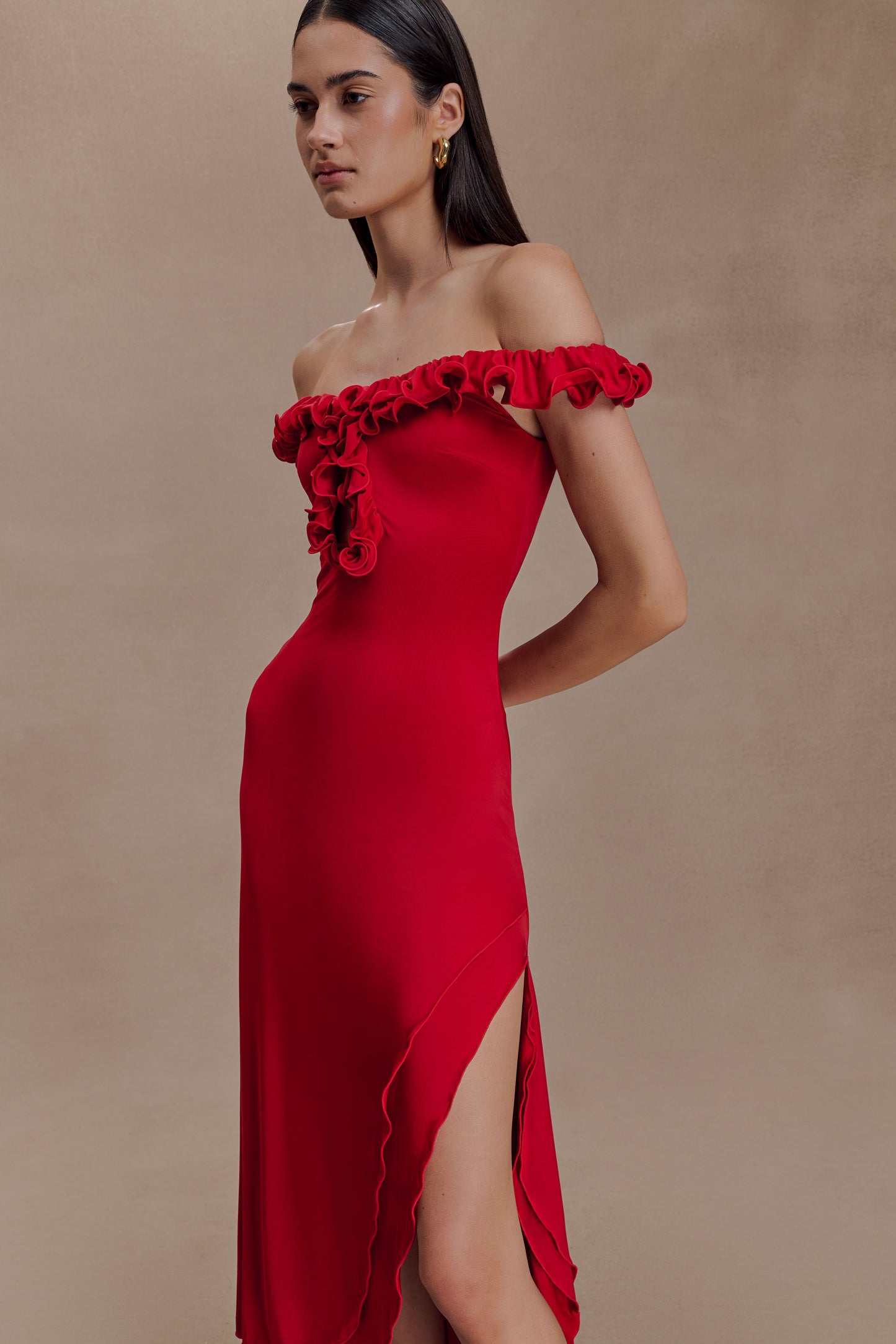 Allegra Off Shoulder Ruffle Midi Dress - Ruby