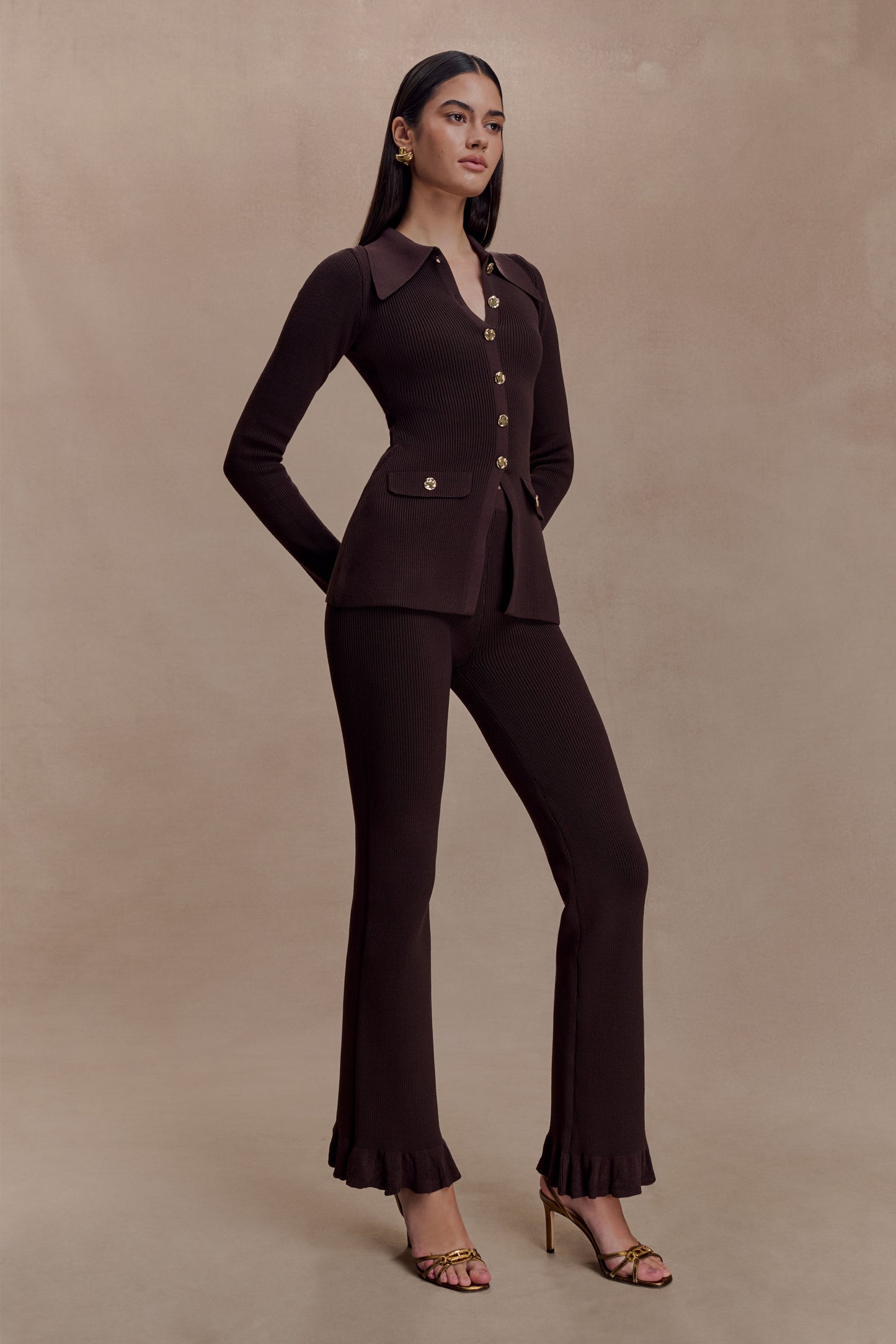 Suzie Ribbed Flared Pants - Chocolate