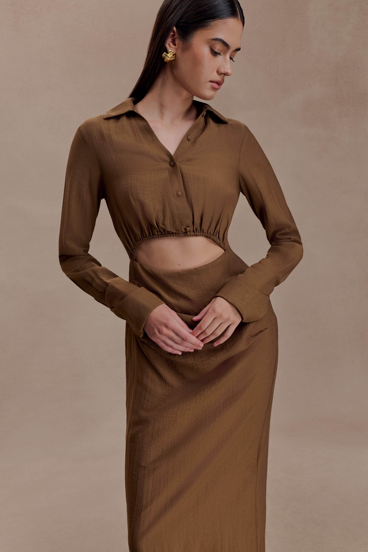 Cecilie Cut Out Shirt Midi Dress - Dark Chocolate