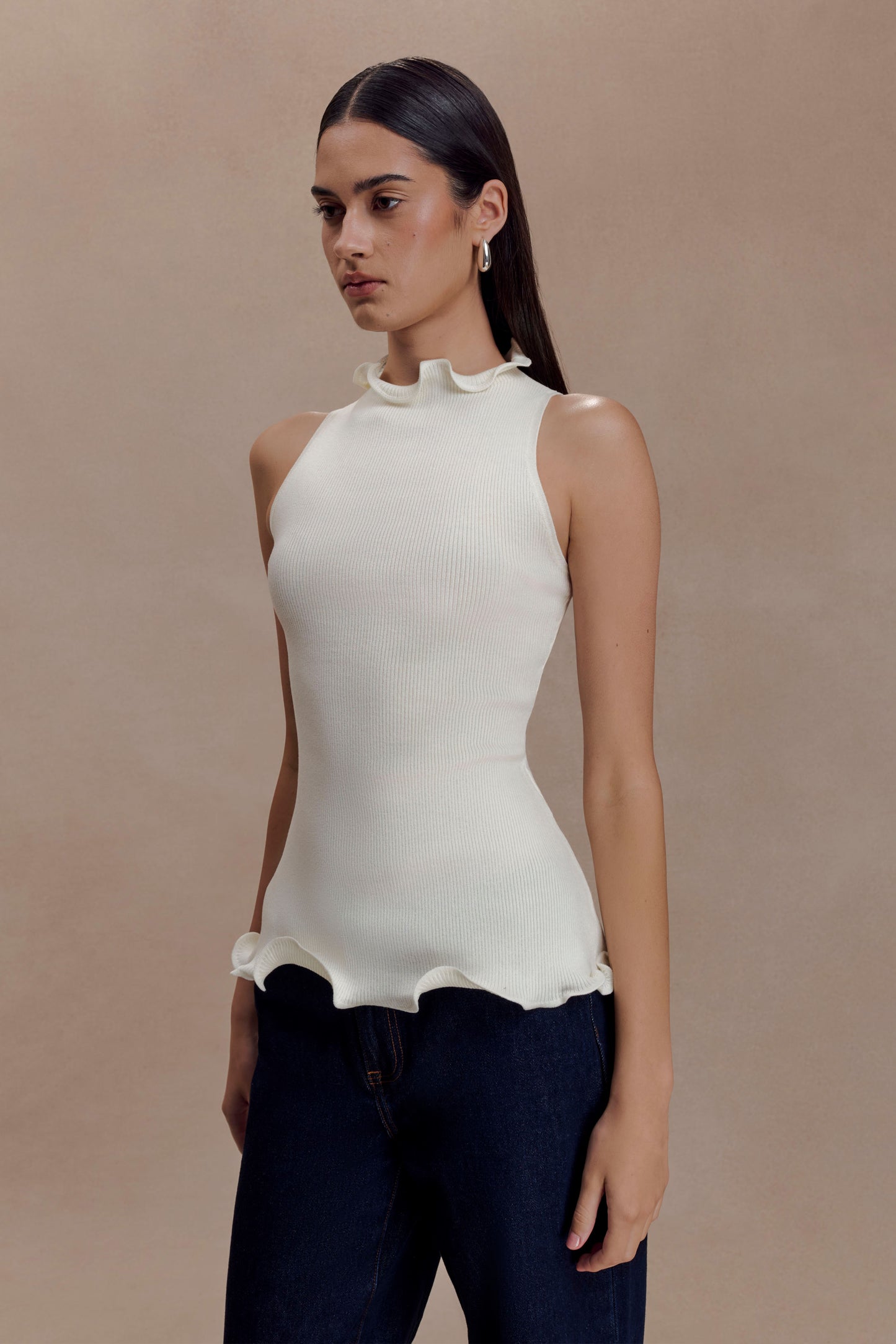Diya Ribbed Sleeveless Top With Wire Hem - Ivory