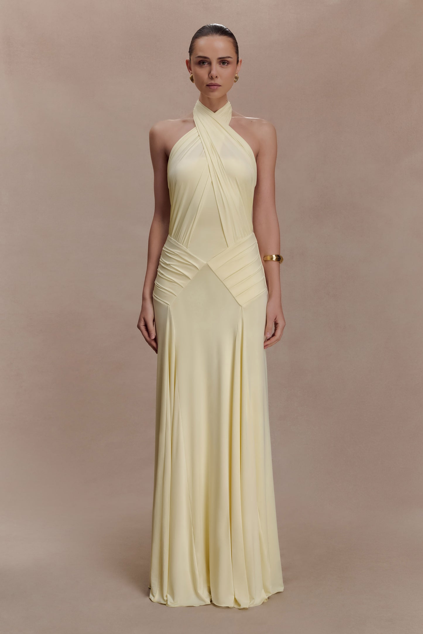 Indira Gathered Slinky Halter Maxi Dress - Lemon