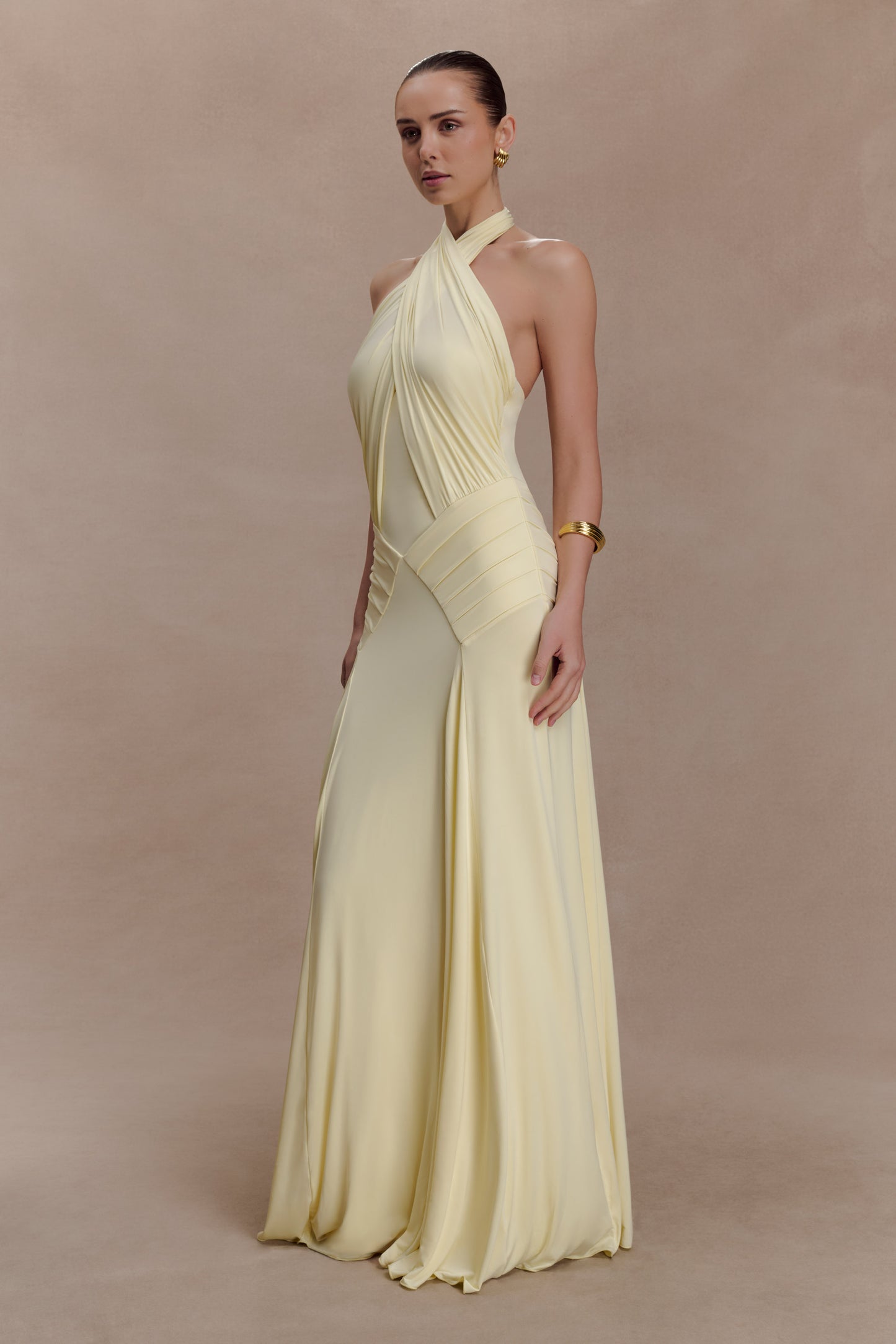 Indira Gathered Slinky Halter Maxi Dress - Lemon