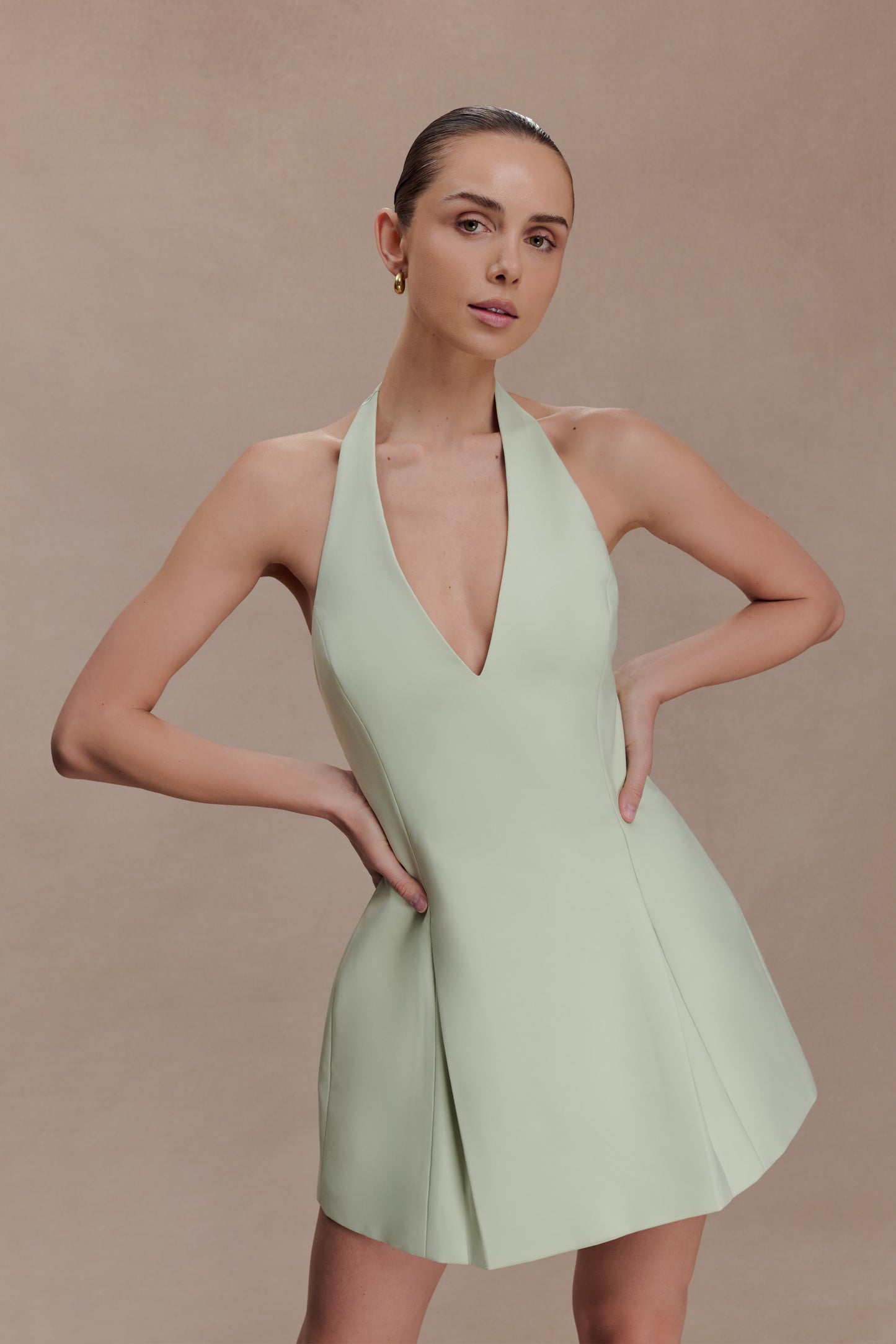 Nelly Halter Neck Cotton Mini Dress - Sage