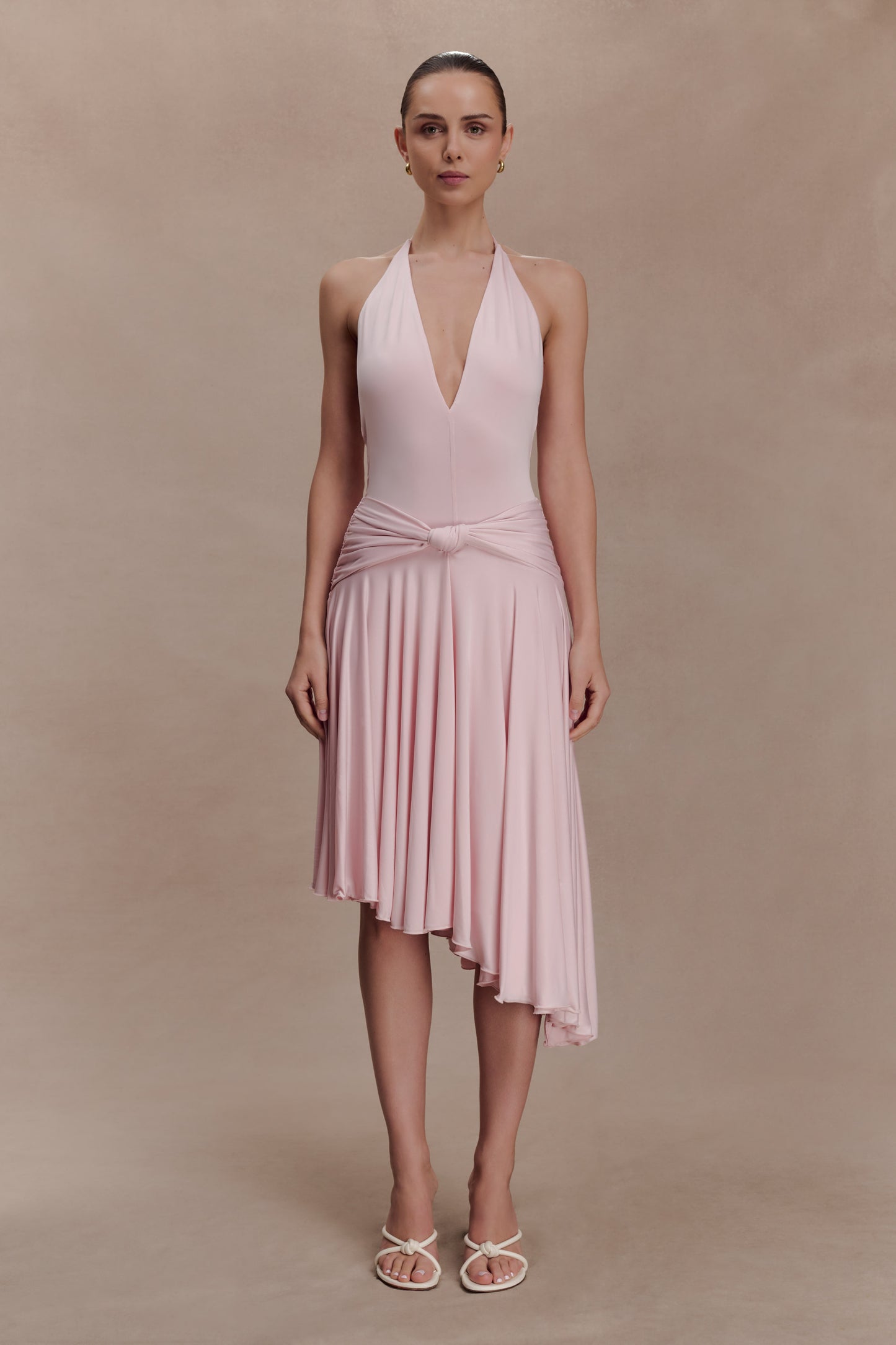 Zelda Asymmetric Slinky Midi Dress - Ballet Pink