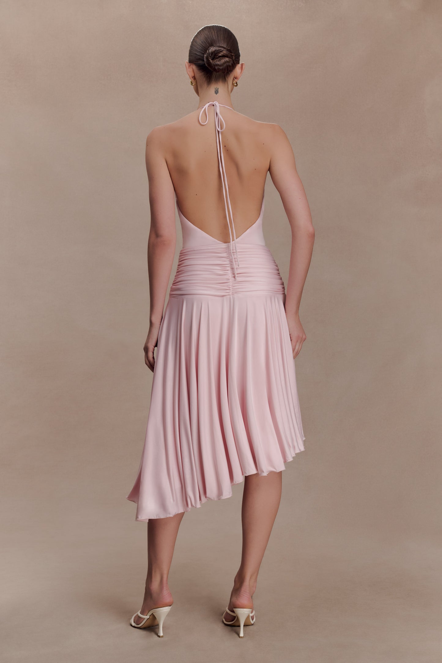 Zelda Asymmetric Slinky Midi Dress - Ballet Pink