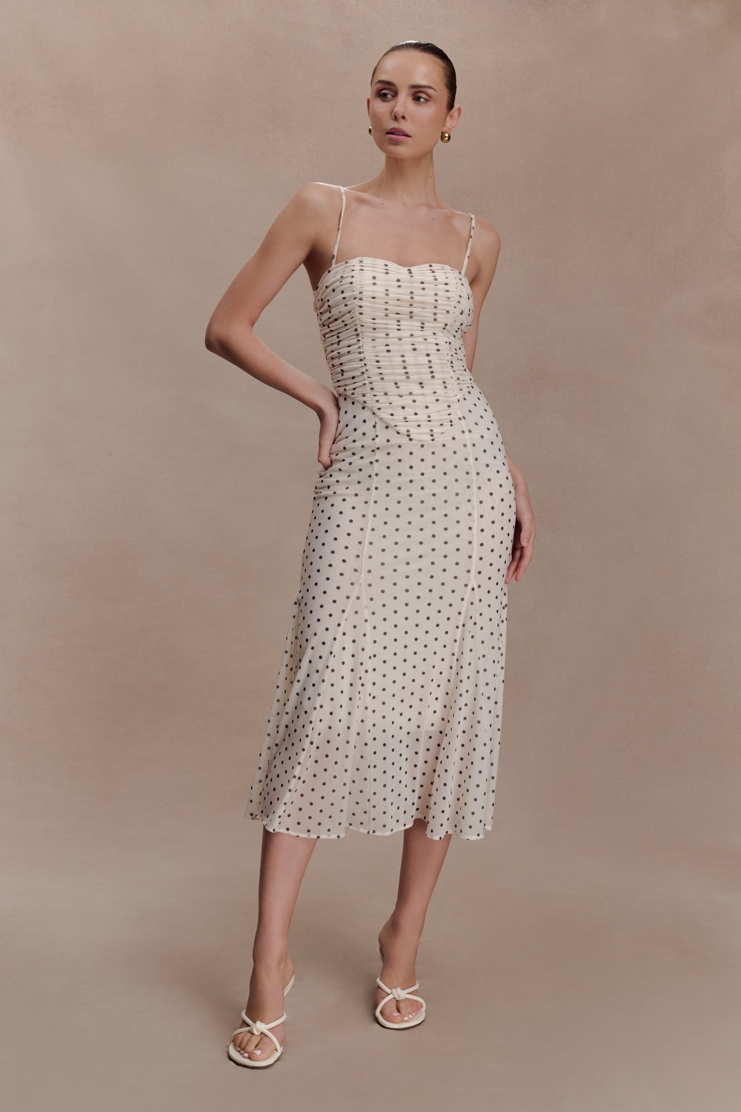 Willa Gathered Mesh Midi Dress - Polka Dot