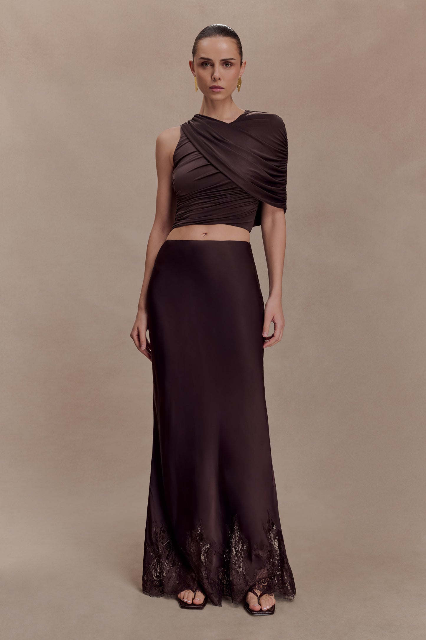 Adrienne One Shoulder Slinky Top - Chocolate