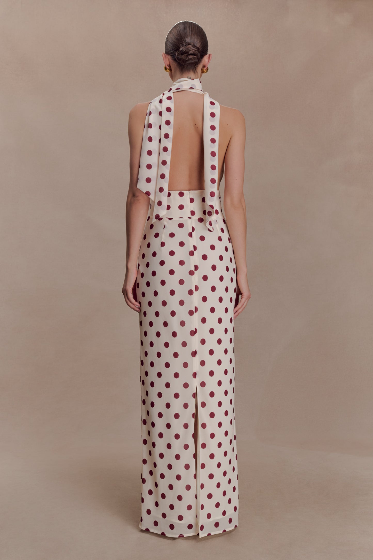 Nadine Halter Chiffon Maxi Dress - Ivory/Merlot Polka Dot