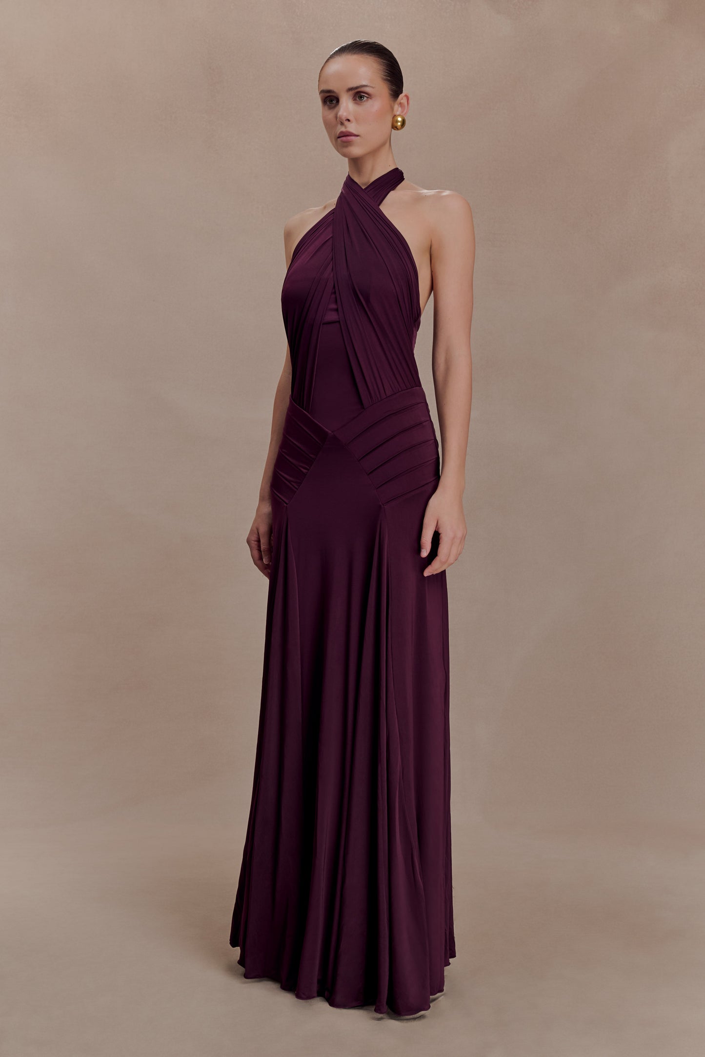 Indira Gathered Slinky Halter Maxi Dress - Mahogany