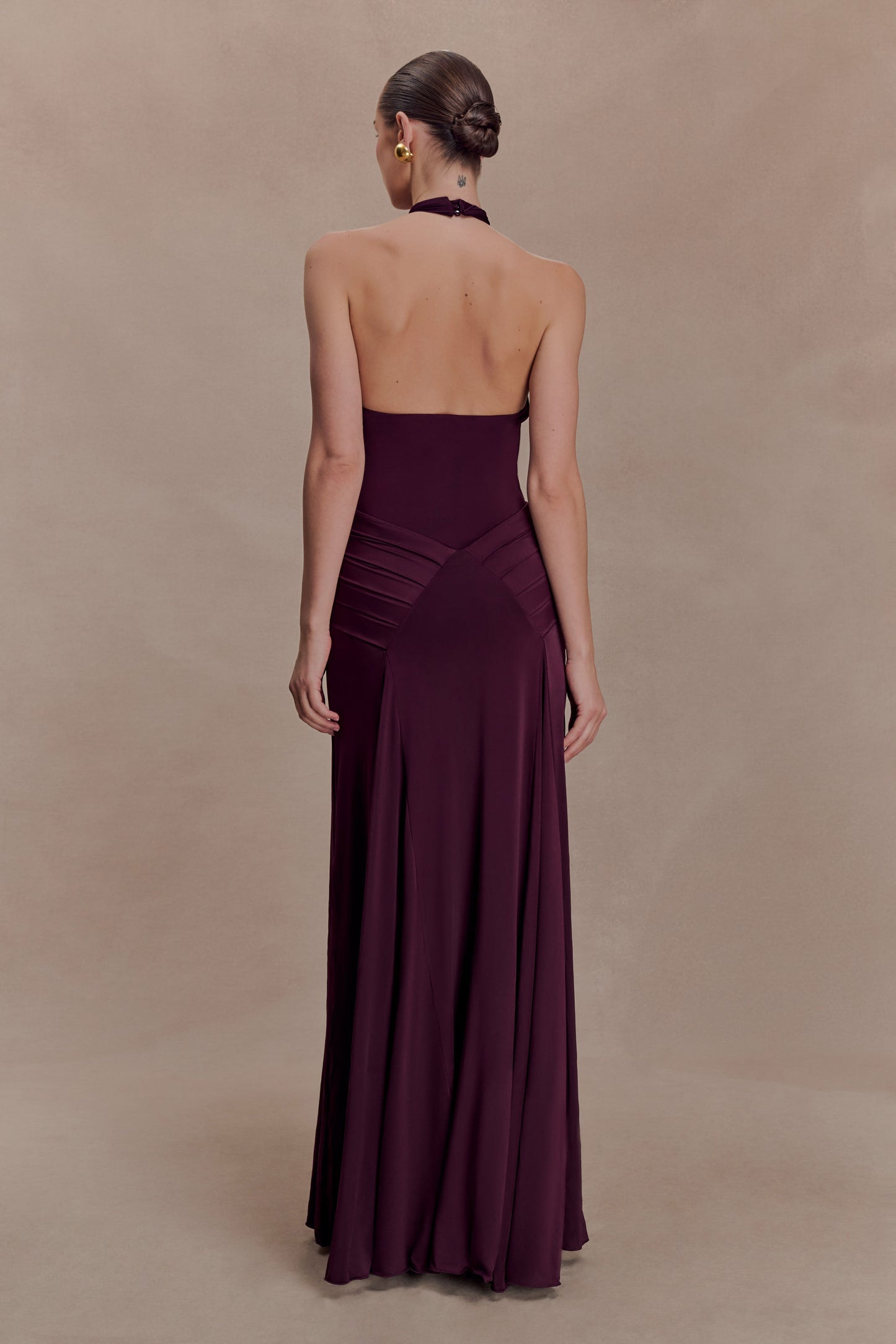 Indira Gathered Slinky Halter Maxi Dress - Mahogany