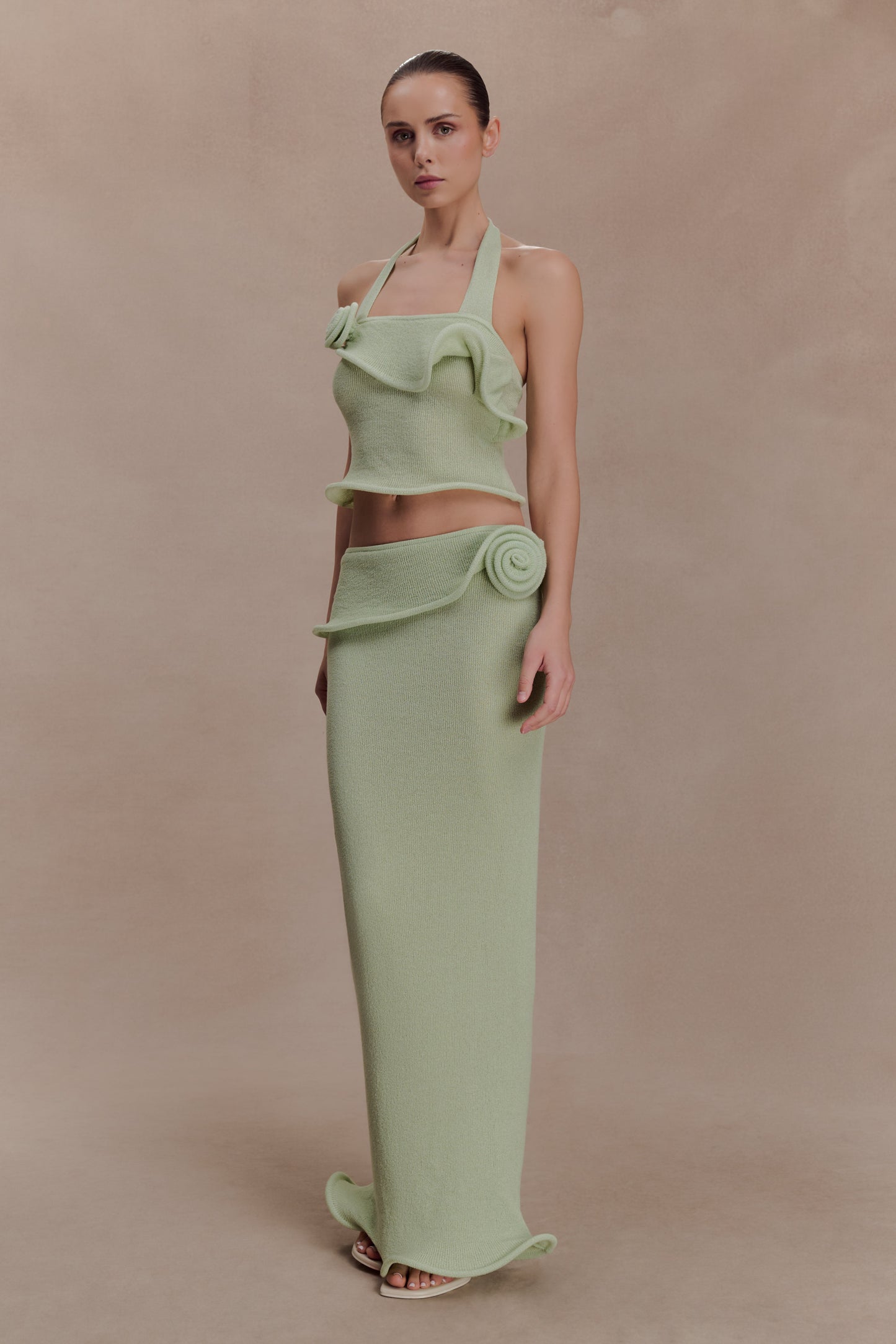 Samira Halter Knit Twist Top - Pastel Green