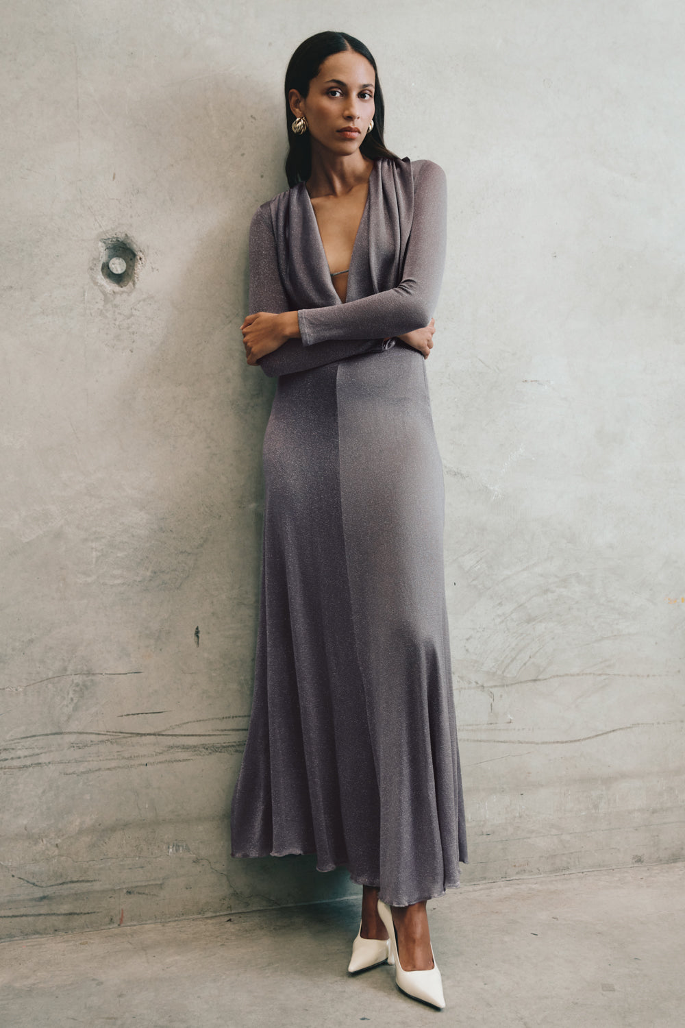 Scarlet Lurex Cowl Maxi Dress - Silver