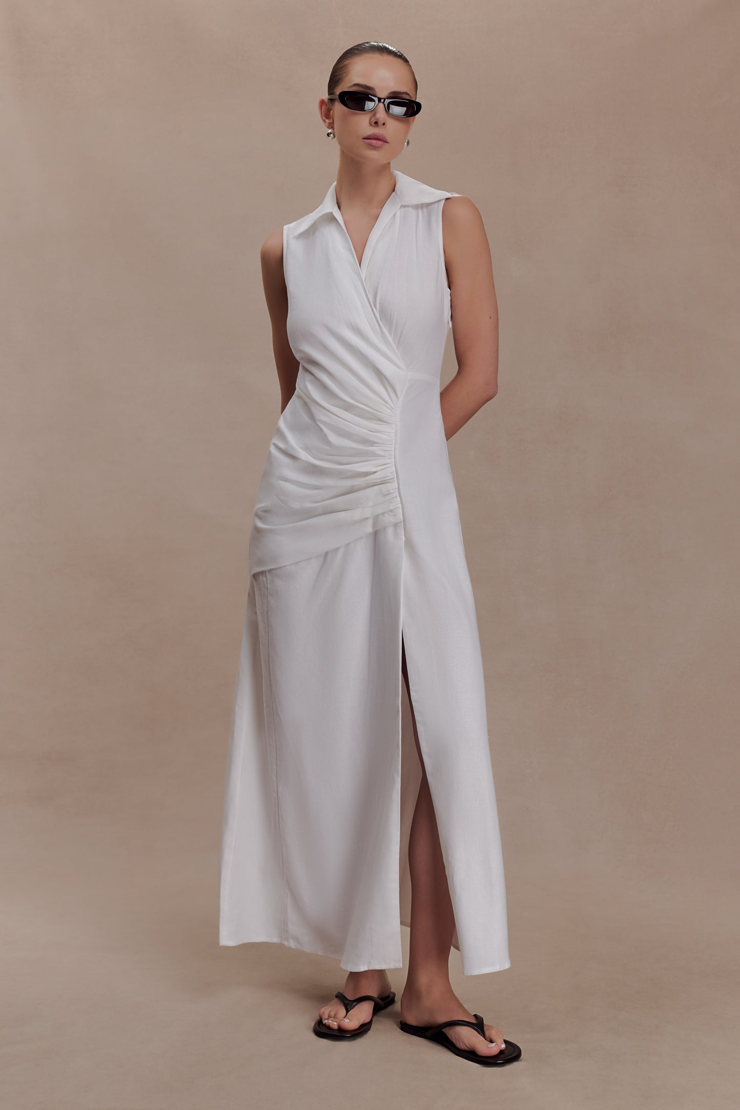 Dante Ruched Linen Midi Dress - White