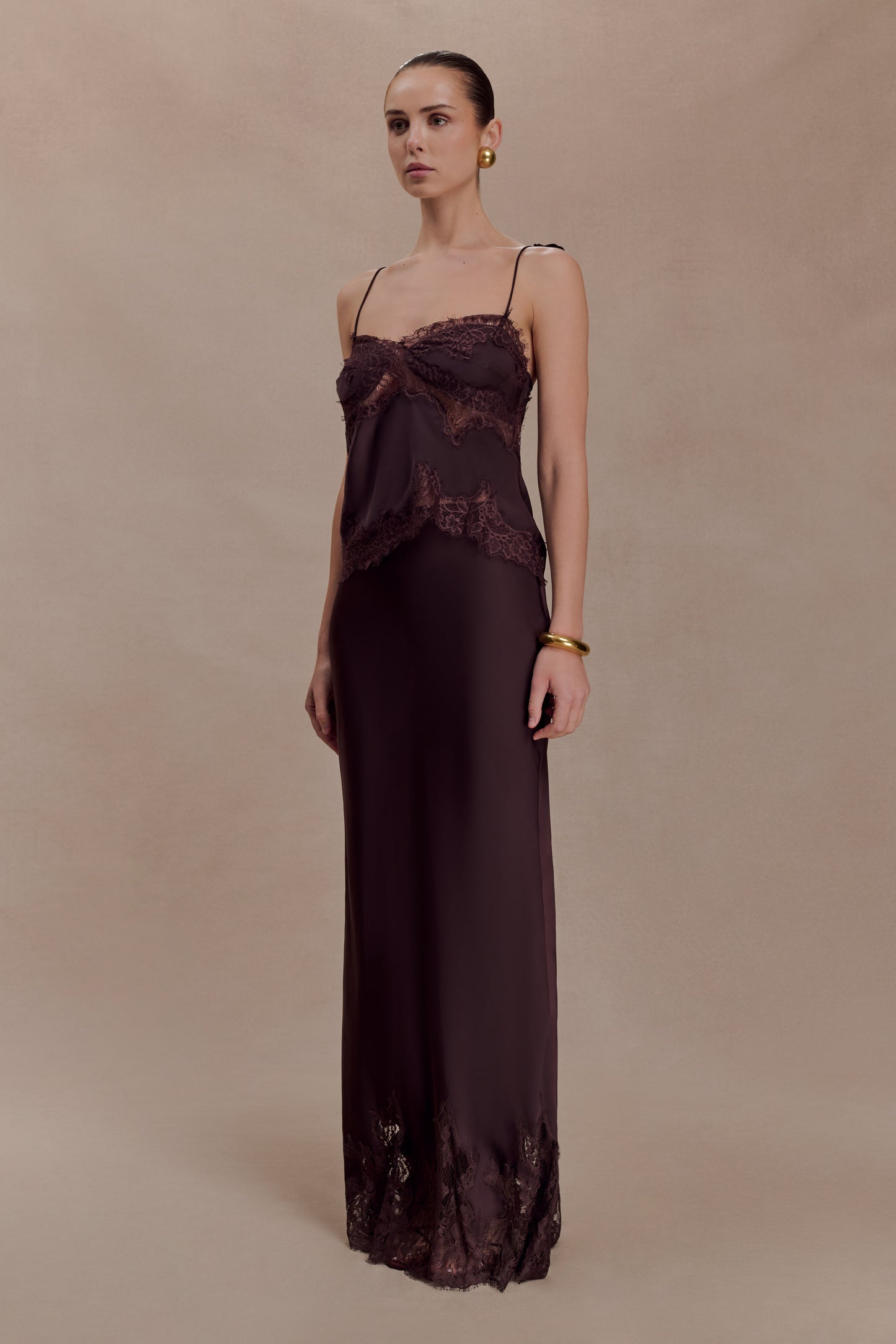 Nina Satin And Lace Maxi Skirt - Chocolate