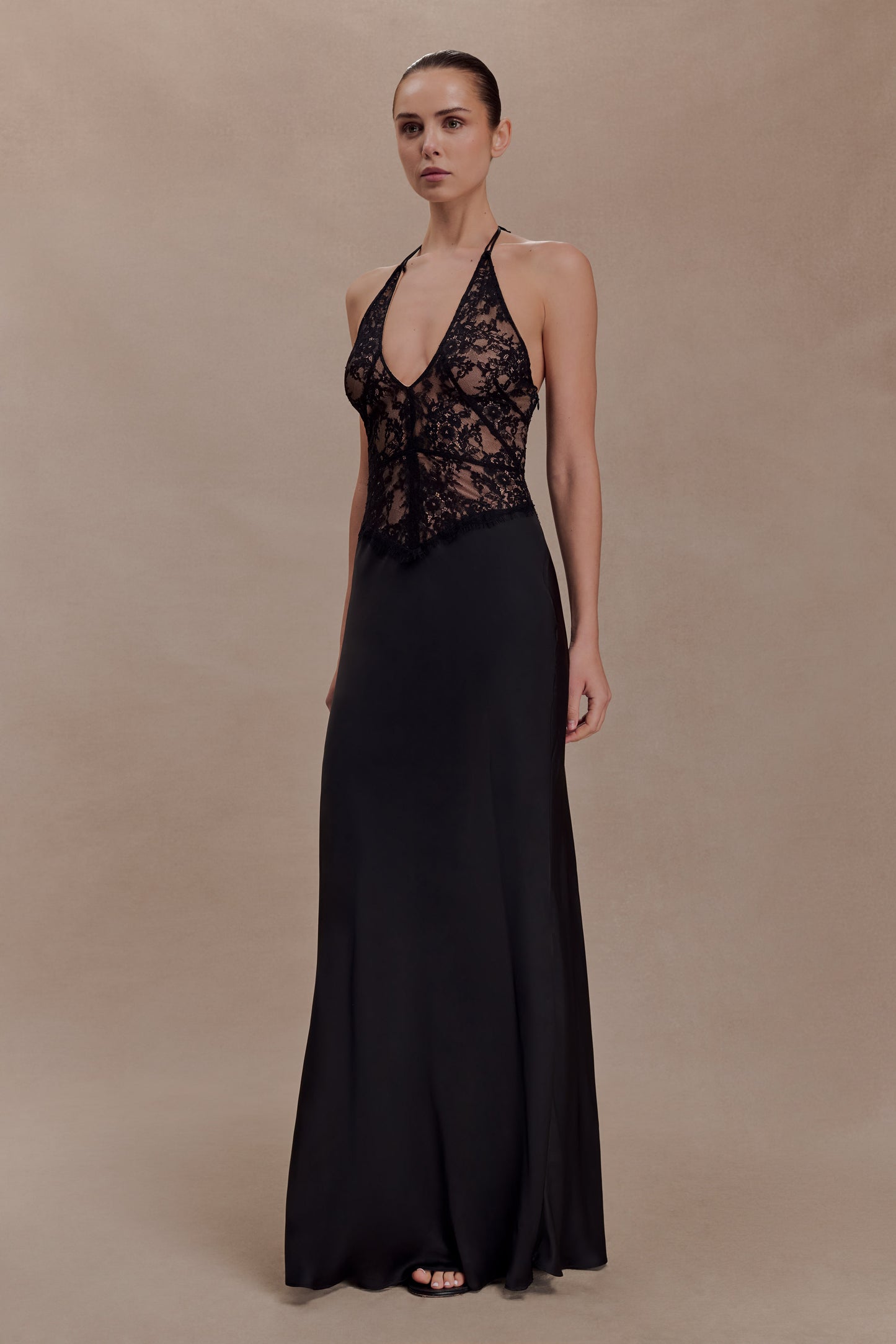 Sascha Lace And Satin Halter Maxi Dress - Black