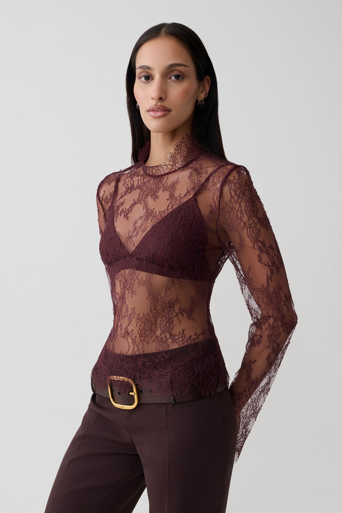 Alizette High Neck Long Sleeve Lace Top - Burgundy