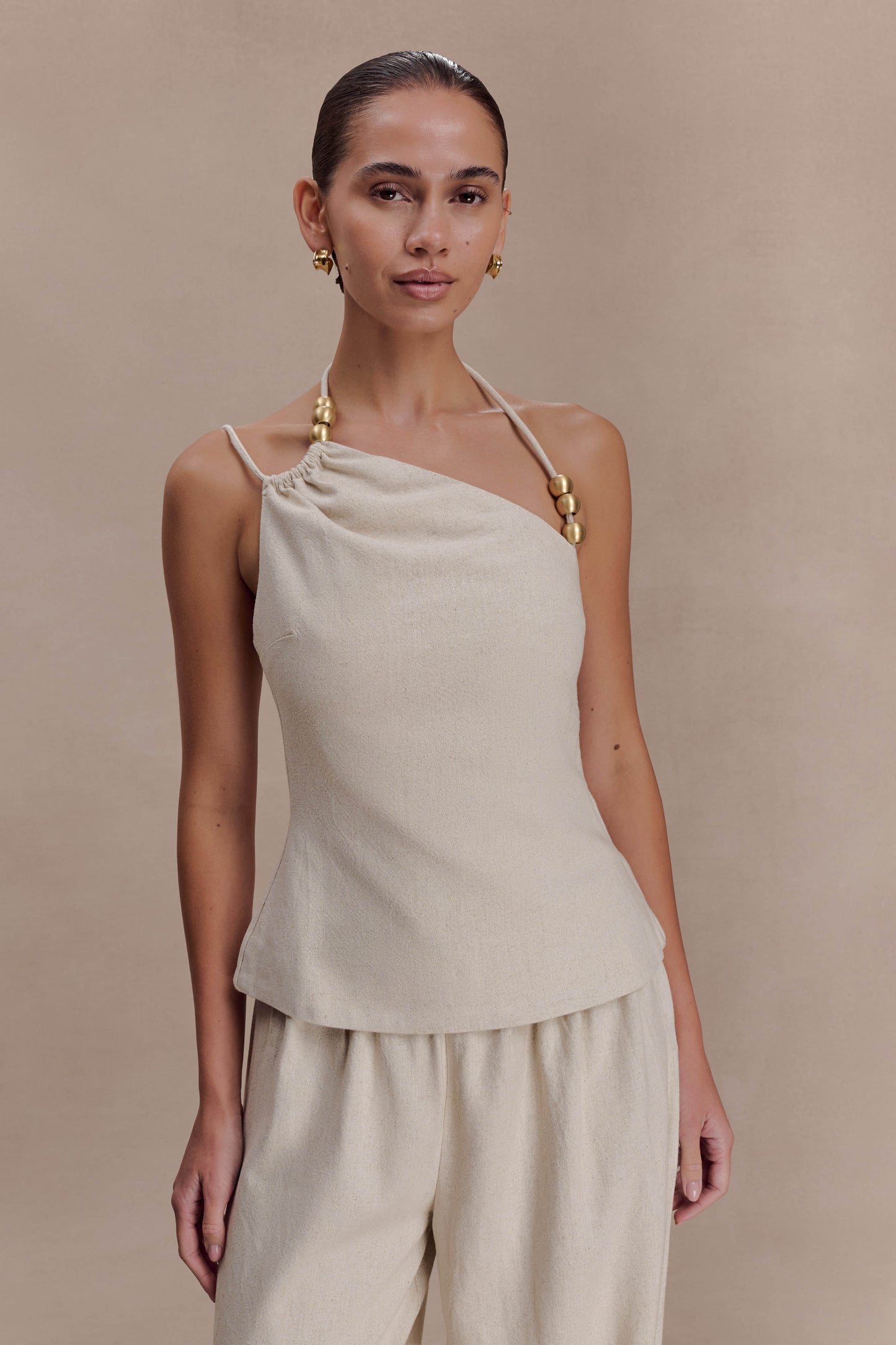 Gabby Asymmetrical Neckline Linen Beaded Top - Natural